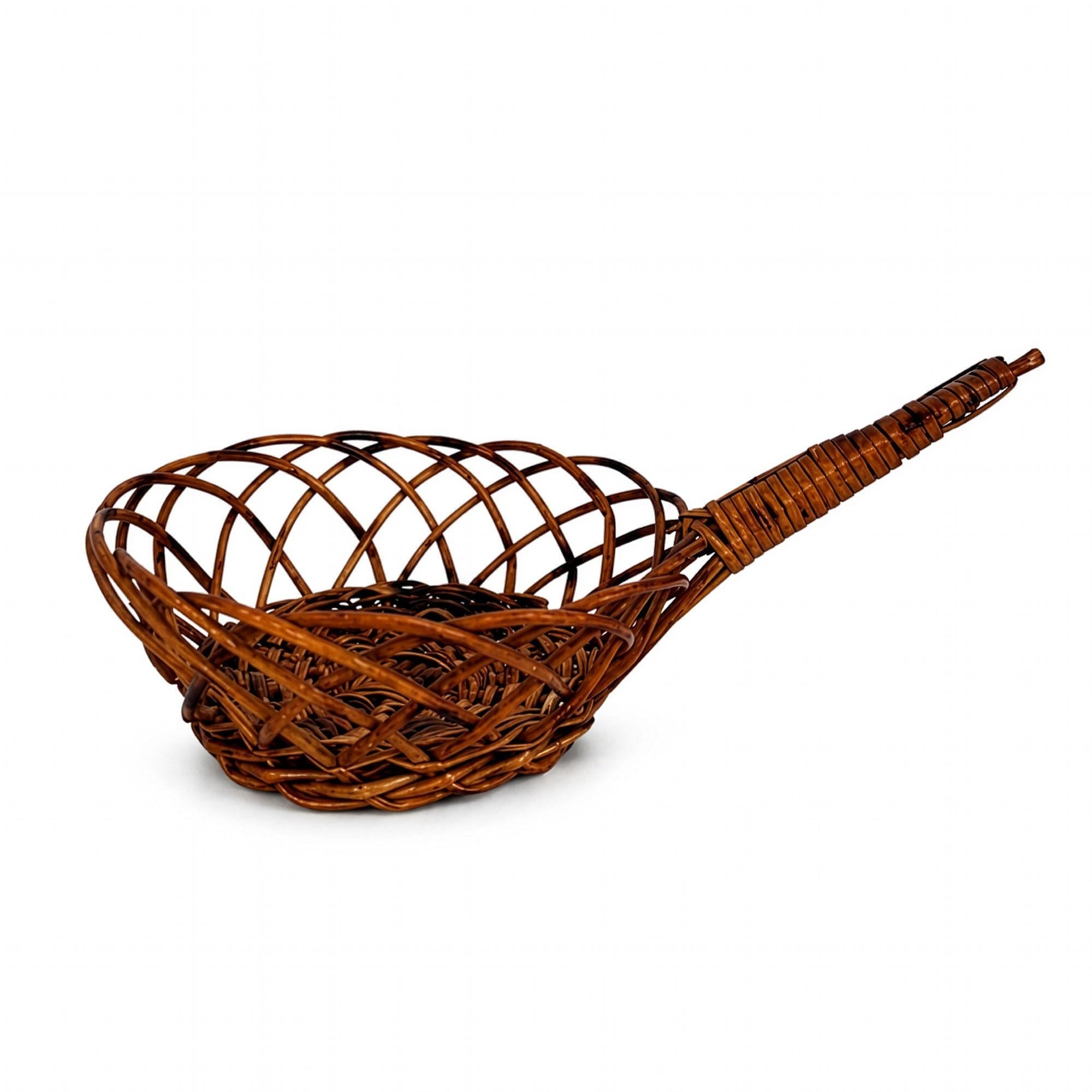 Vintage Handwoven Wicker Gathering Basket with Long Handle, circa 1960 — image 5