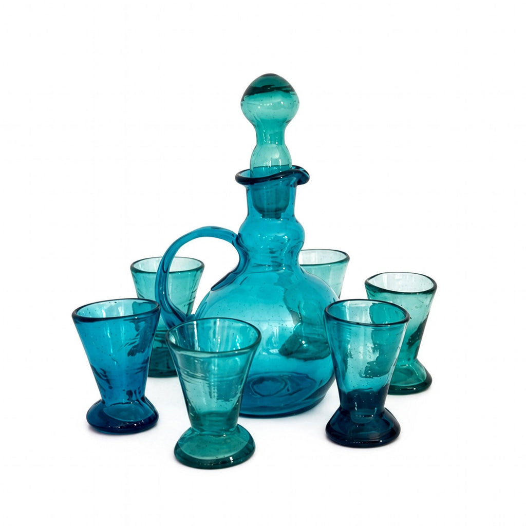 Empoli Turquoise Blue Glass Decanter and Six Mini Shot Glasses Set, Italy — image 2