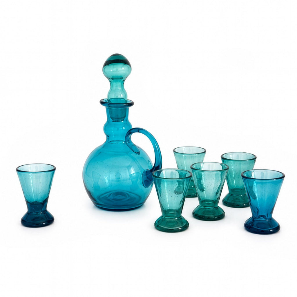 Empoli Turquoise Blue Glass Decanter and Six Mini Shot Glasses Set, Italy — image 7