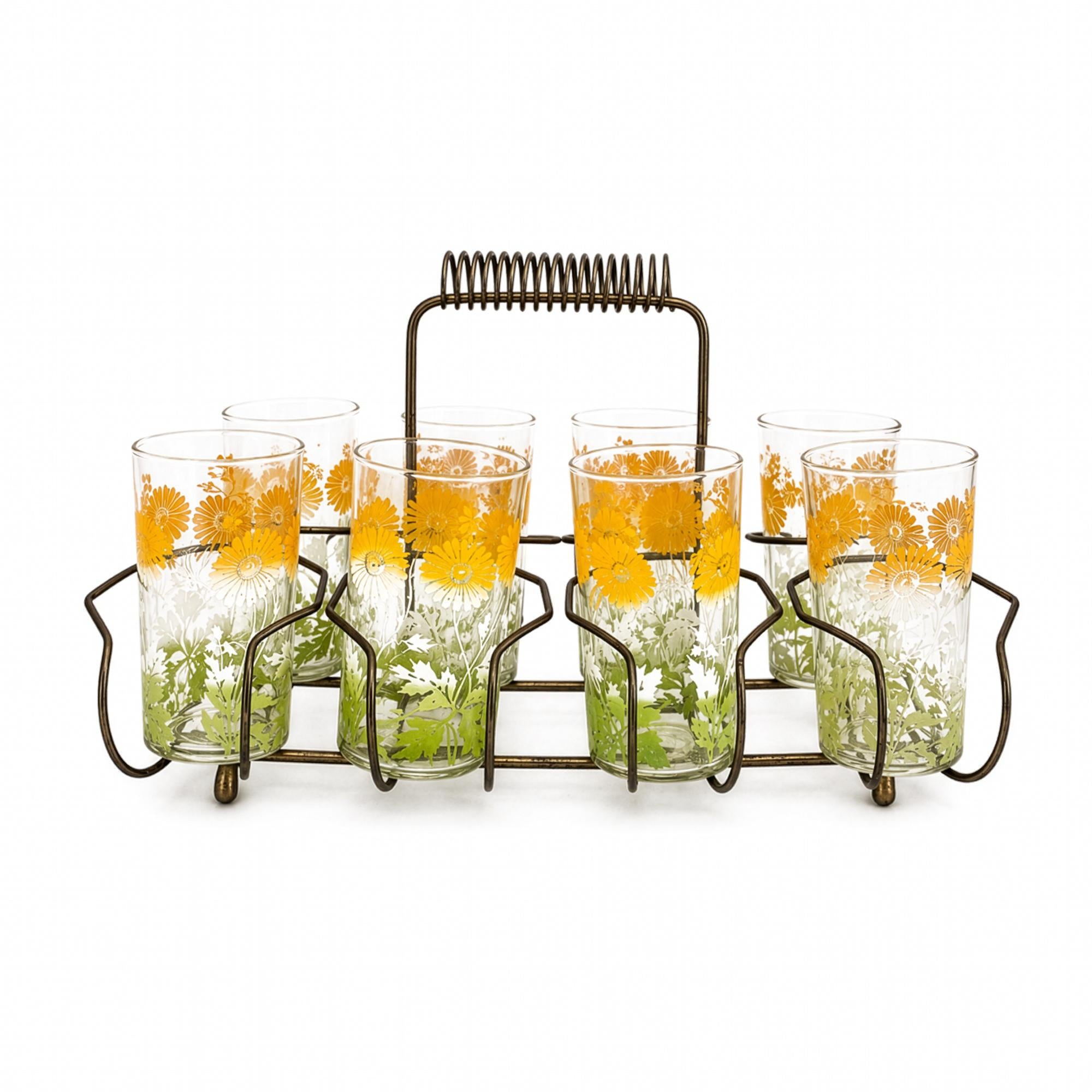 Mid-Century Floral Juice Glass Set with Metal Carrier, 1950s — image 2