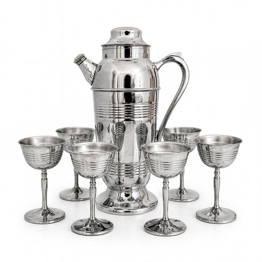 Mid-Century Chrome Cocktail Set, Shaker & Six Coupe Goblets, 1950s — image 8