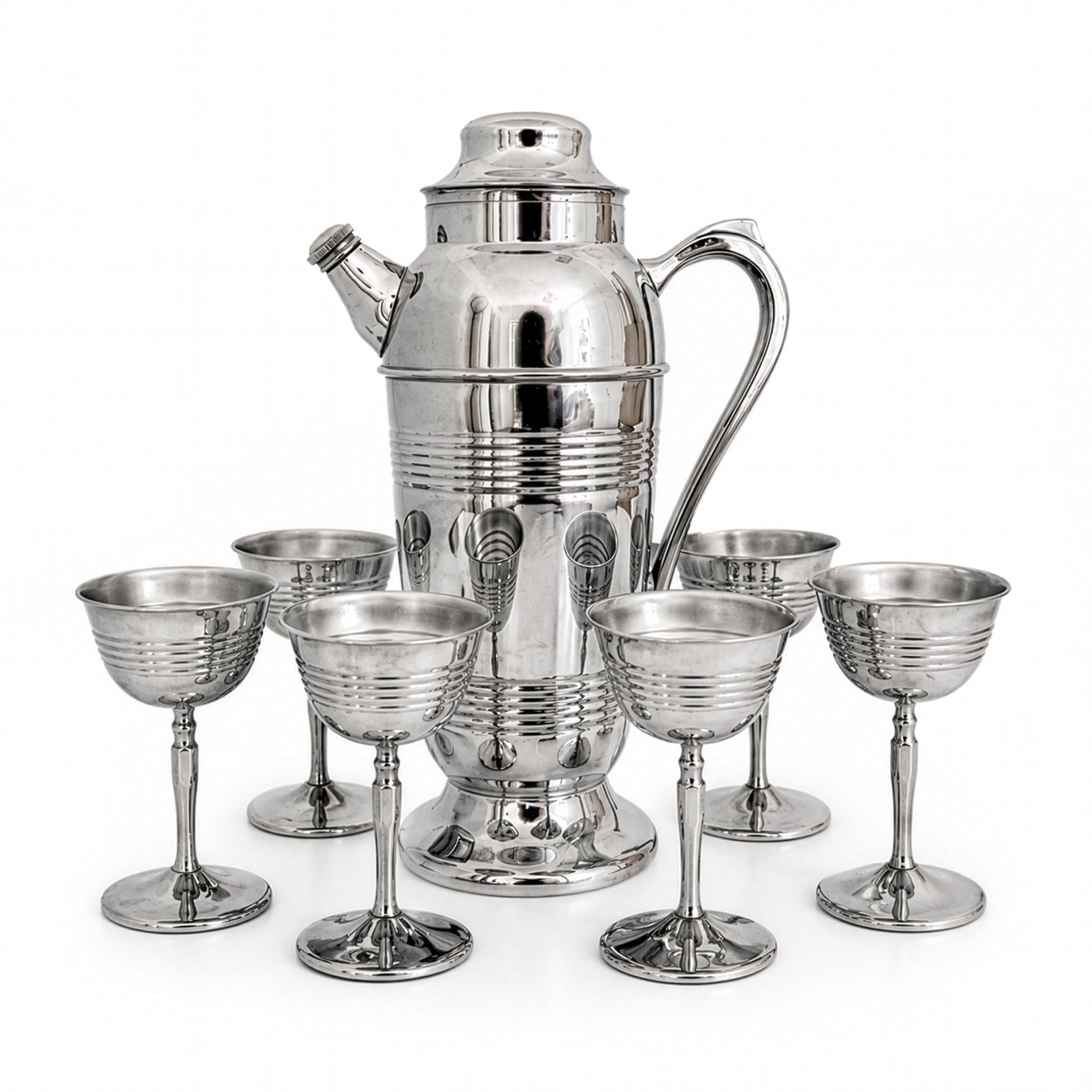 Mid-Century Chrome Cocktail Set, Shaker & Six Coupe Goblets, 1950s — image 8