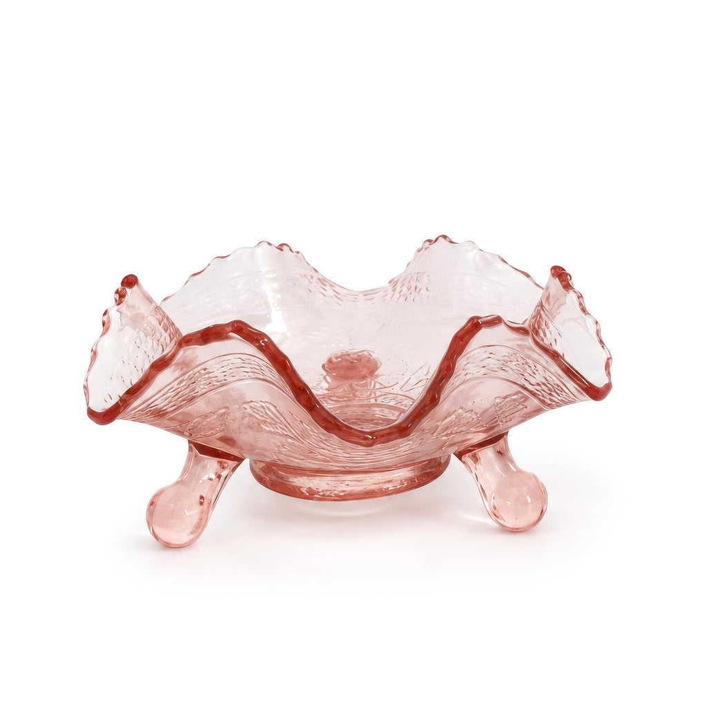 Pink Depression Glass Daisy Flower Three-Footed Ruffled Bowl, 1930s — image 2