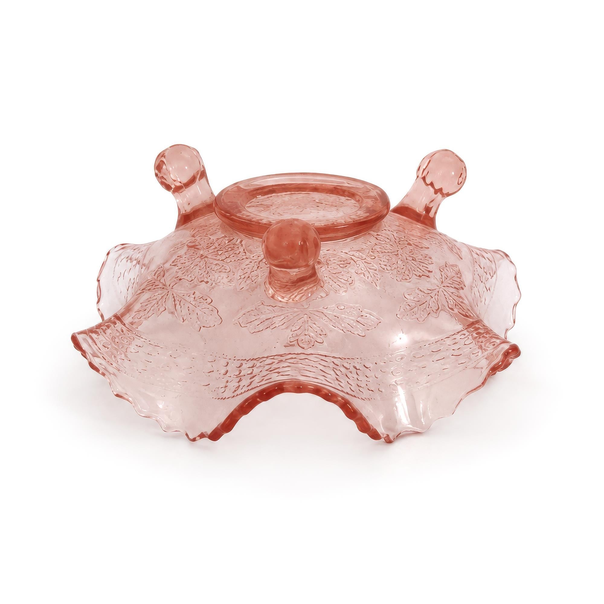 Pink Depression Glass Daisy Flower Three-Footed Ruffled Bowl, 1930s — image 3