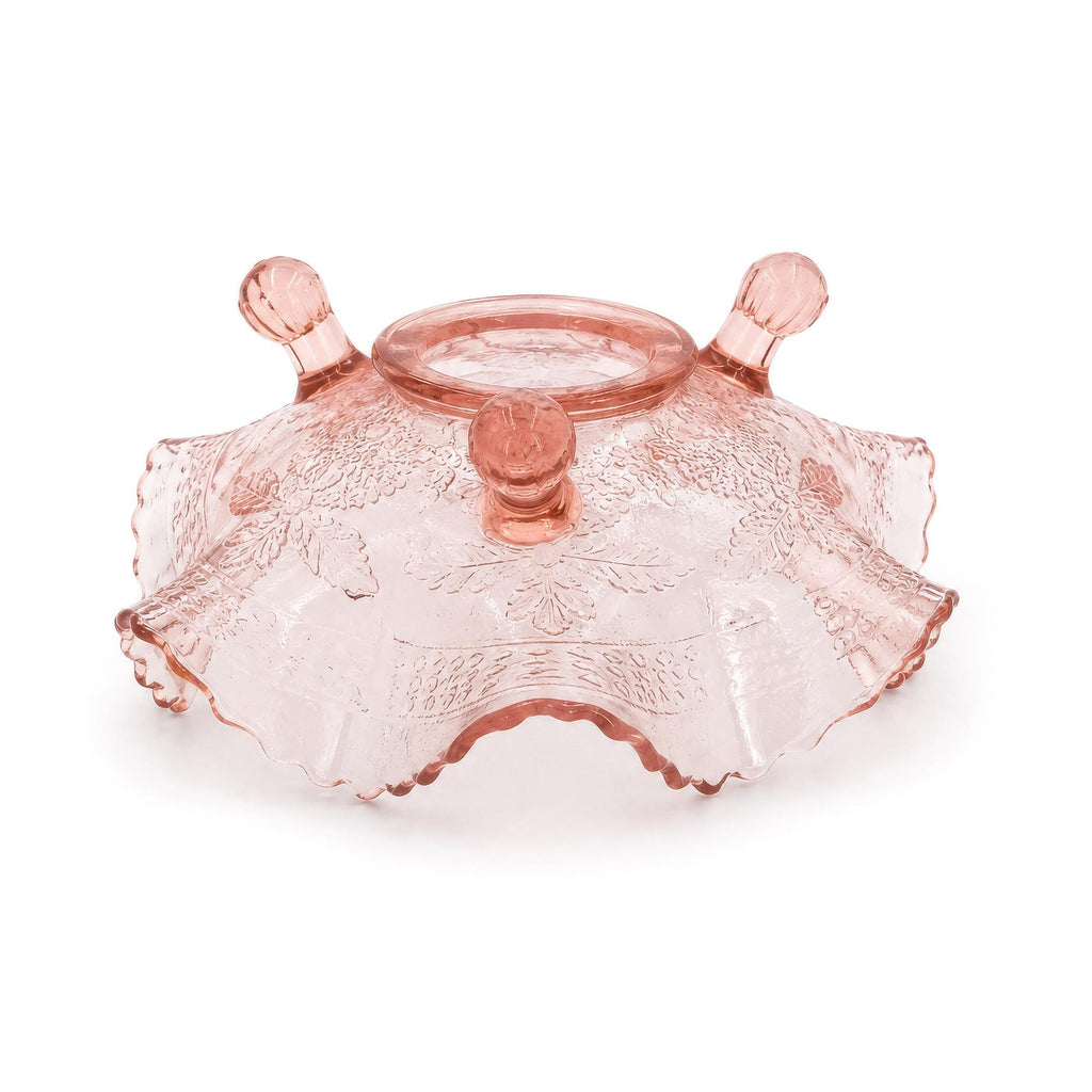 Pink Depression Glass Daisy Flower Three-Footed Ruffled Bowl, 1930s — image 5