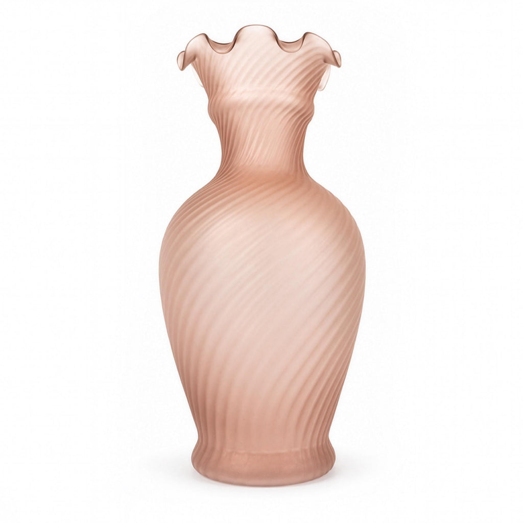 Mid-Century Vintage Pink Satin Glass Vase Set with Ruffled Design — image 3