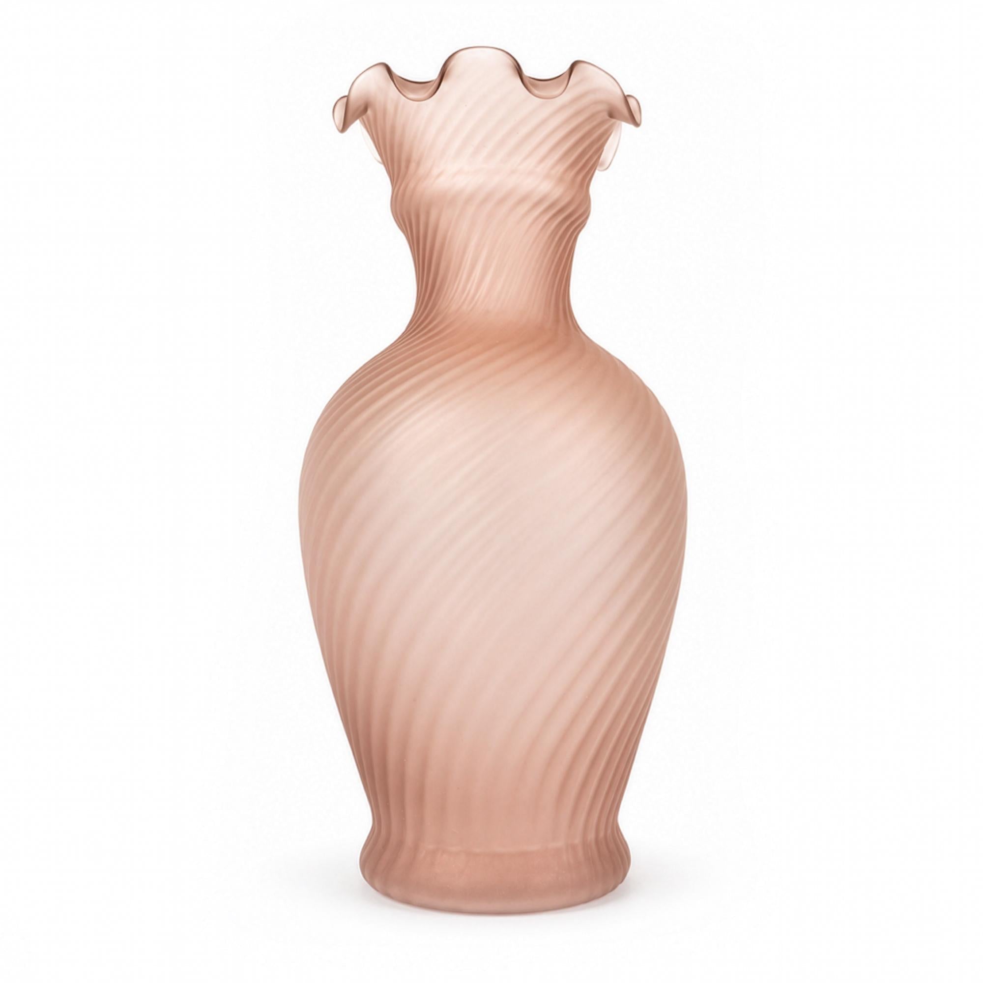 Mid-Century Vintage Pink Satin Glass Vase Set with Ruffled Design — image 3