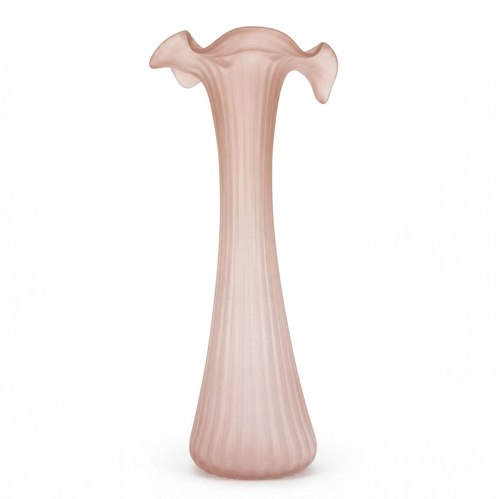 Mid-Century Vintage Pink Satin Glass Vase Set with Ruffled Design — image 4