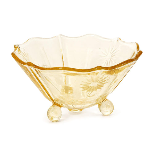 1930s American Depression Glass Bowl, Yellow Starburst, Three Feet — image 2