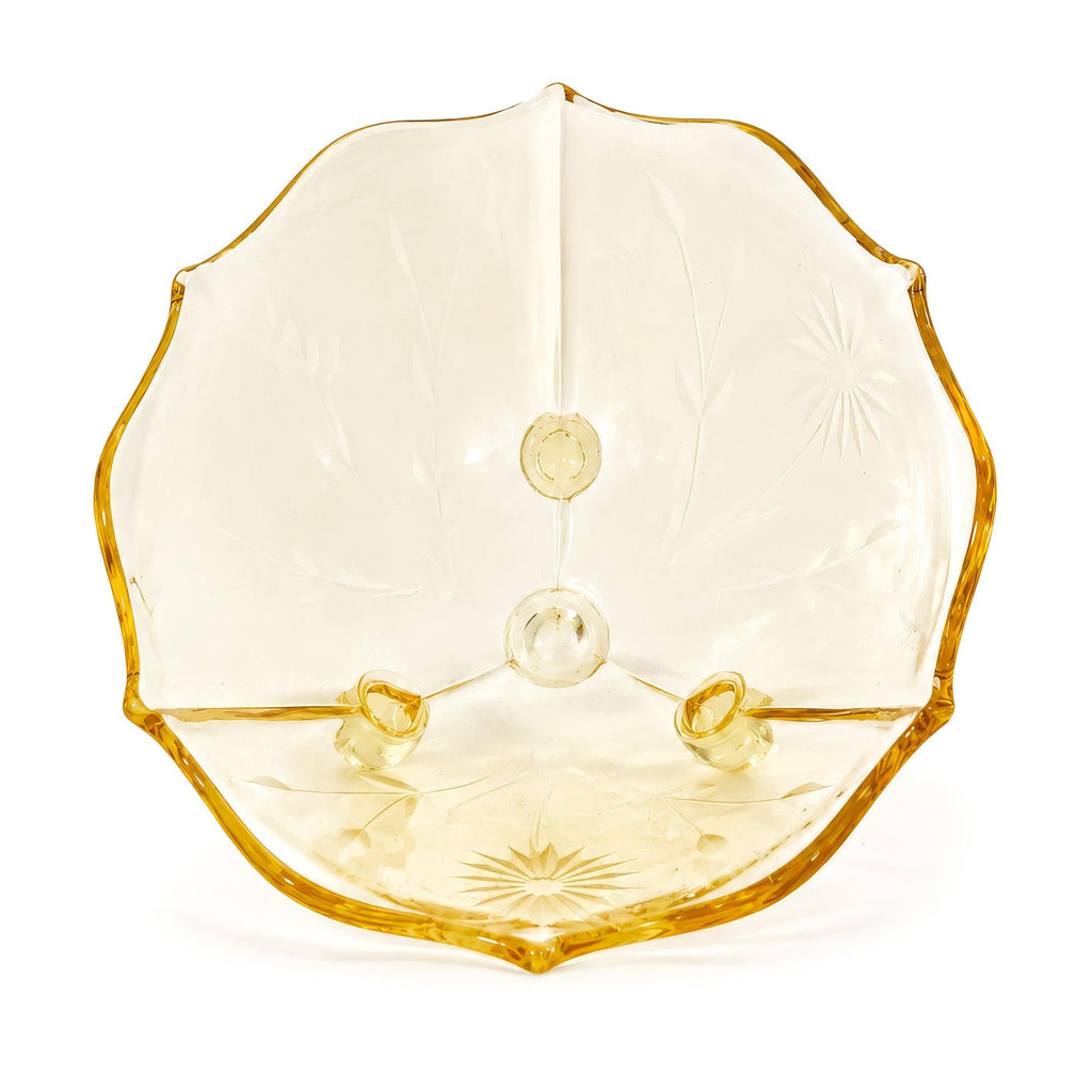 1930s American Depression Glass Bowl, Yellow Starburst, Three Feet — image 3