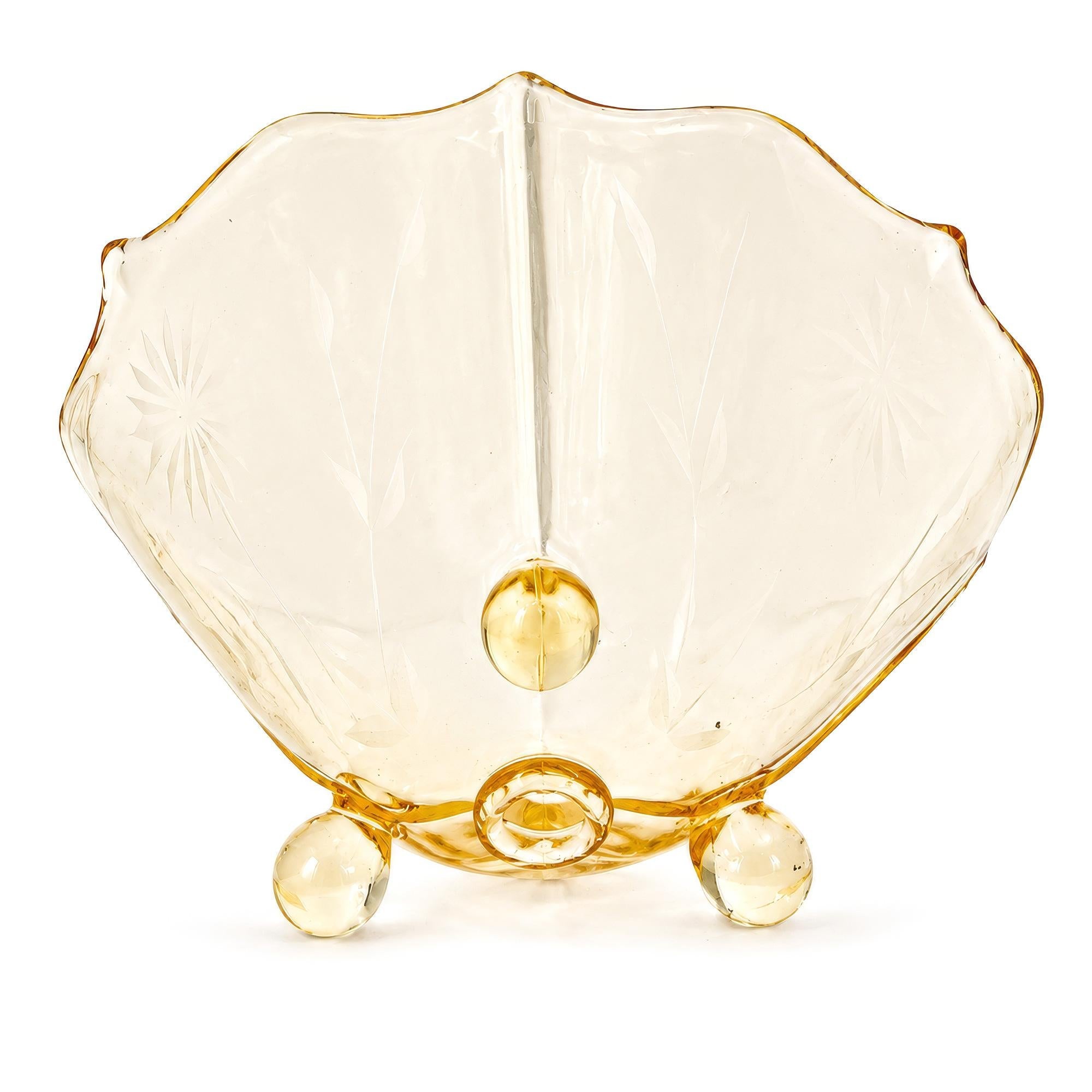 1930s American Depression Glass Bowl, Yellow Starburst, Three Feet — image 4