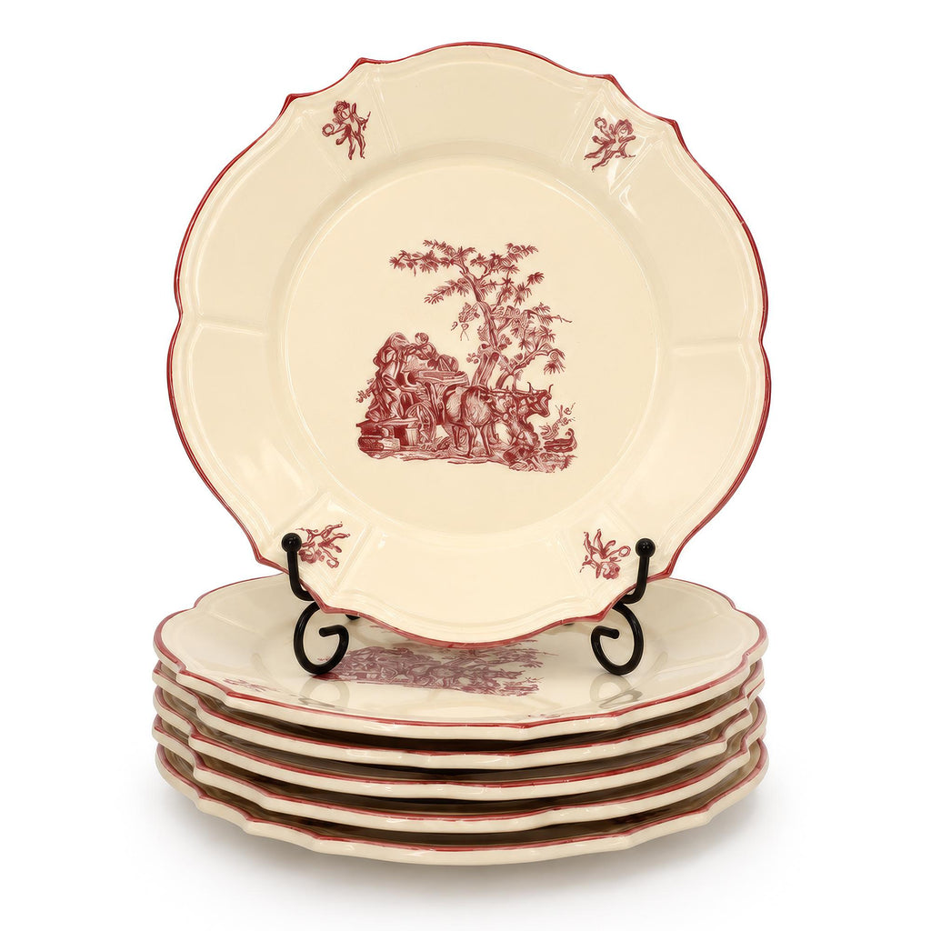 Moulin des Loups Dessert Plates Set, Red Transferware, 1950 — image 2