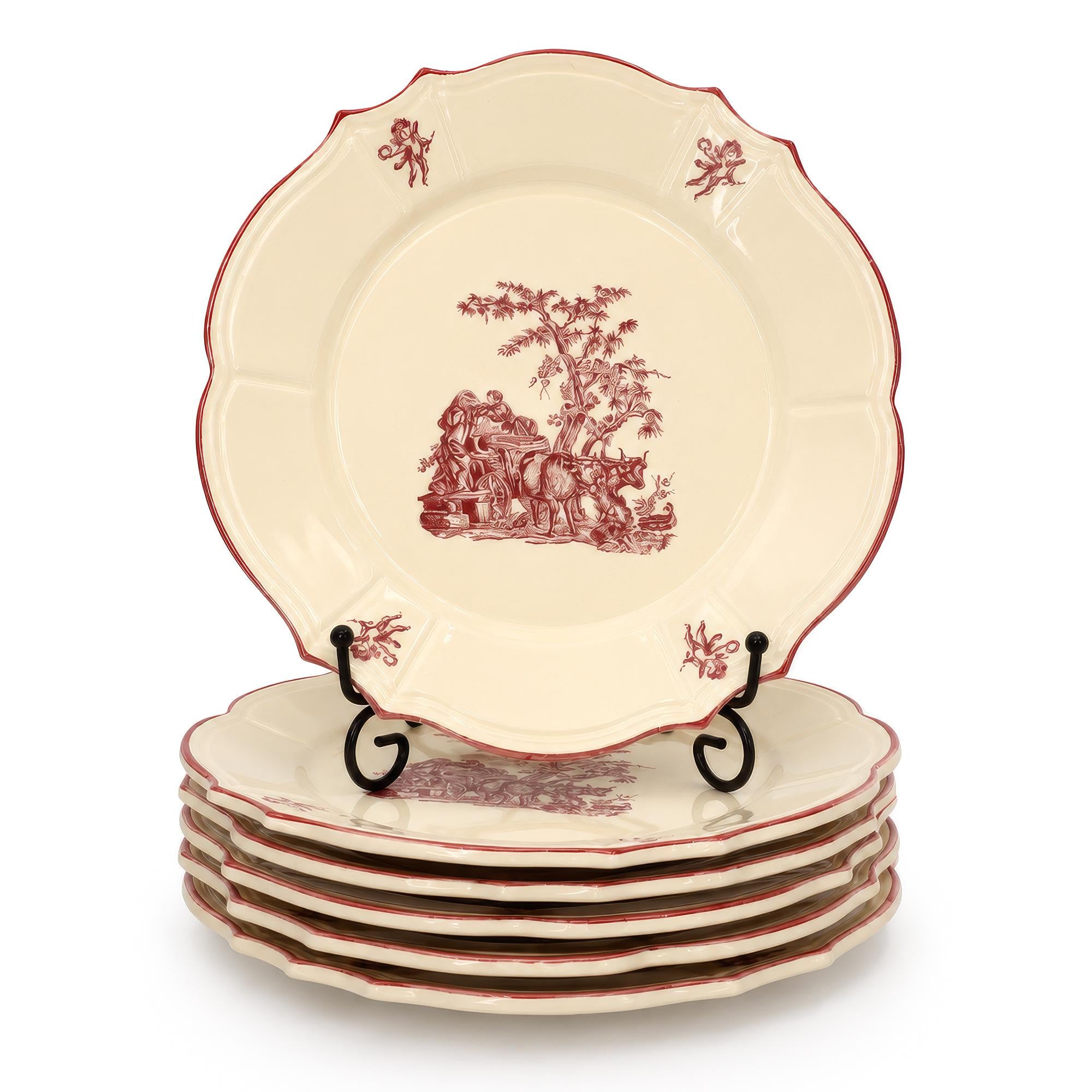 Moulin des Loups Dessert Plates Set, Red Transferware, 1950 — image 2