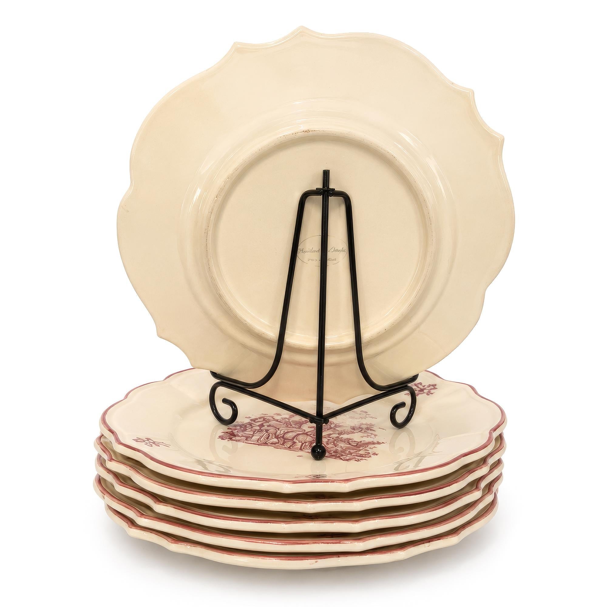 Moulin des Loups Dessert Plates Set, Red Transferware, 1950 — image 3