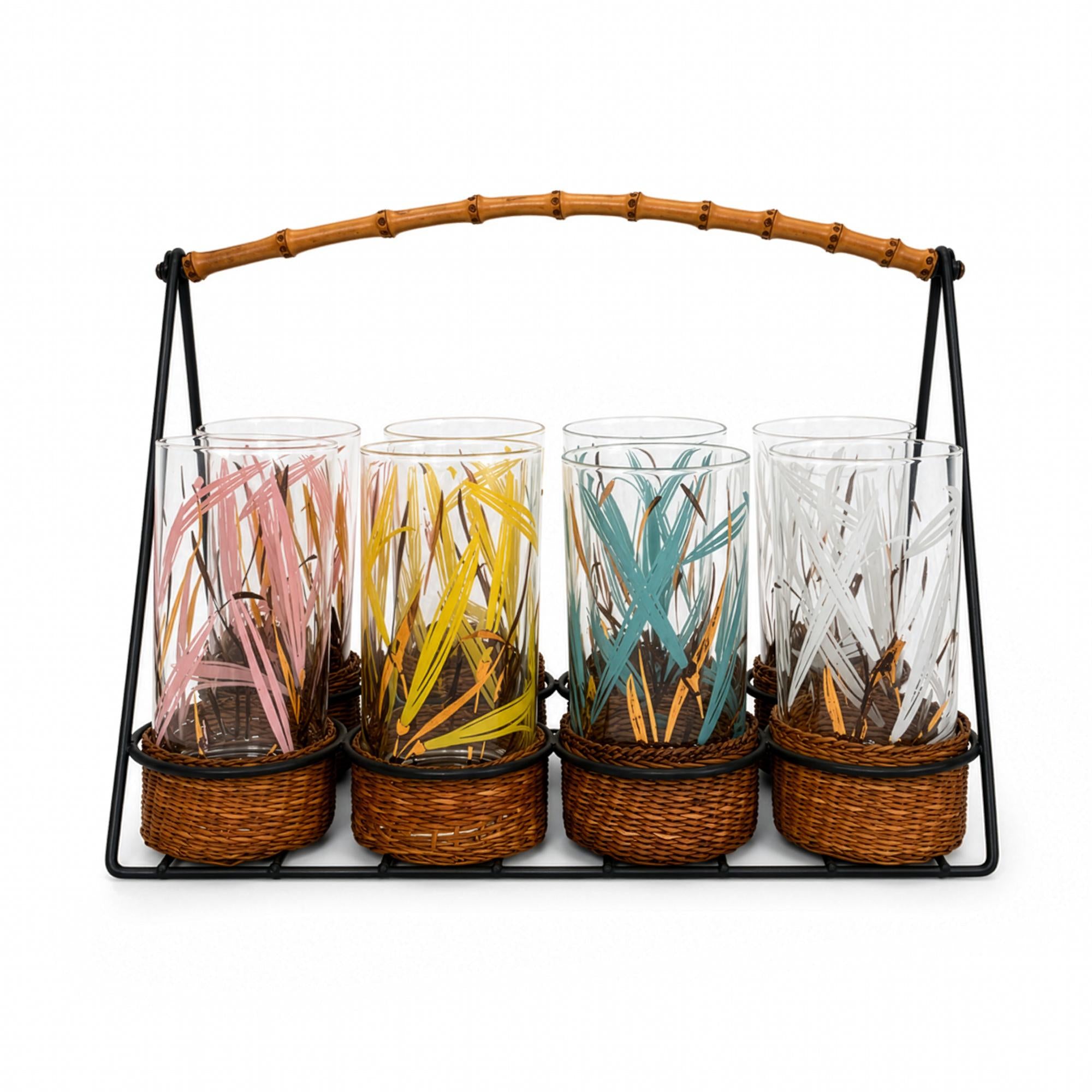 Vintage 1970s Highball Glass Set with Bamboo Caddy, Colorful Accents — image 2