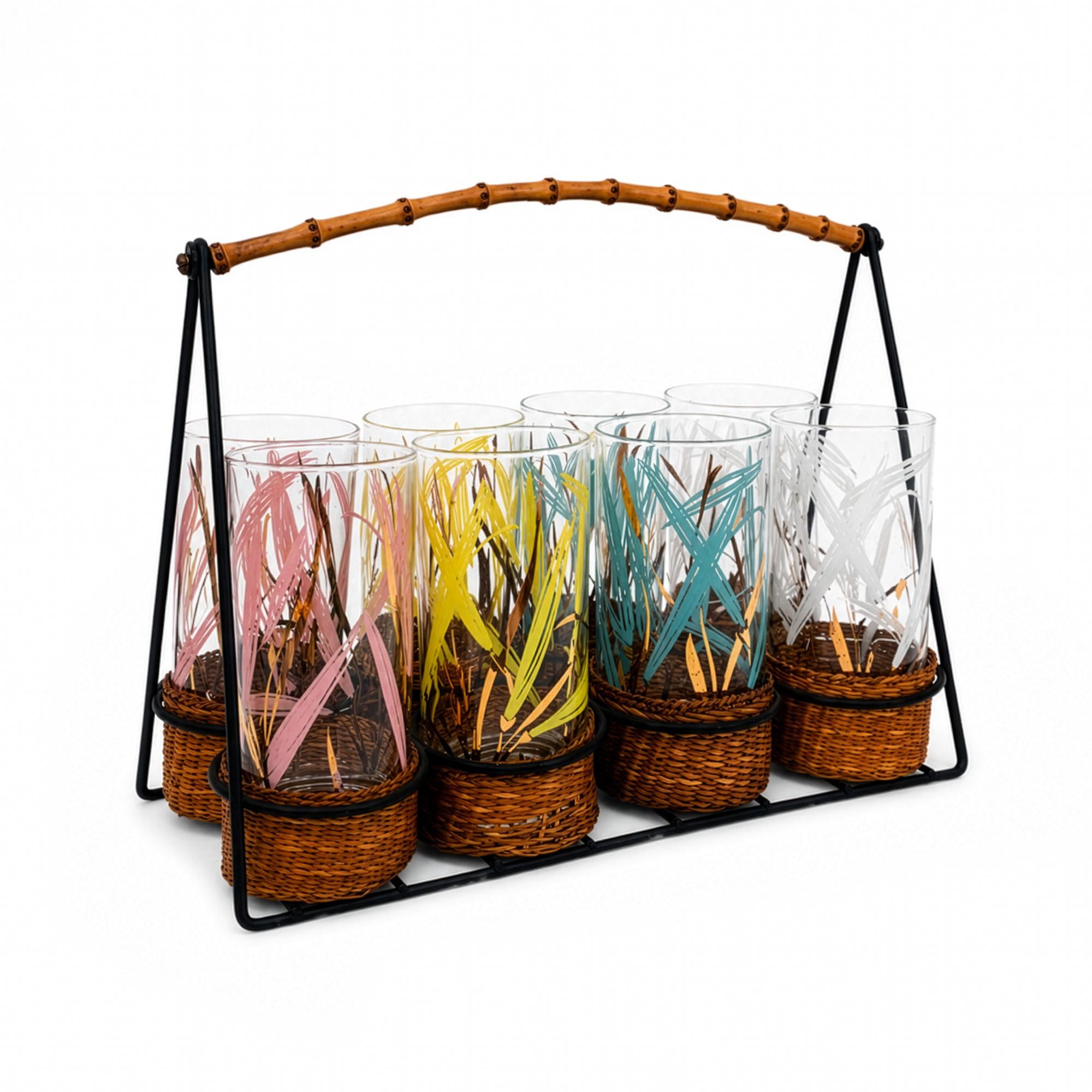 Vintage 1970s Highball Glass Set with Bamboo Caddy, Colorful Accents — image 3