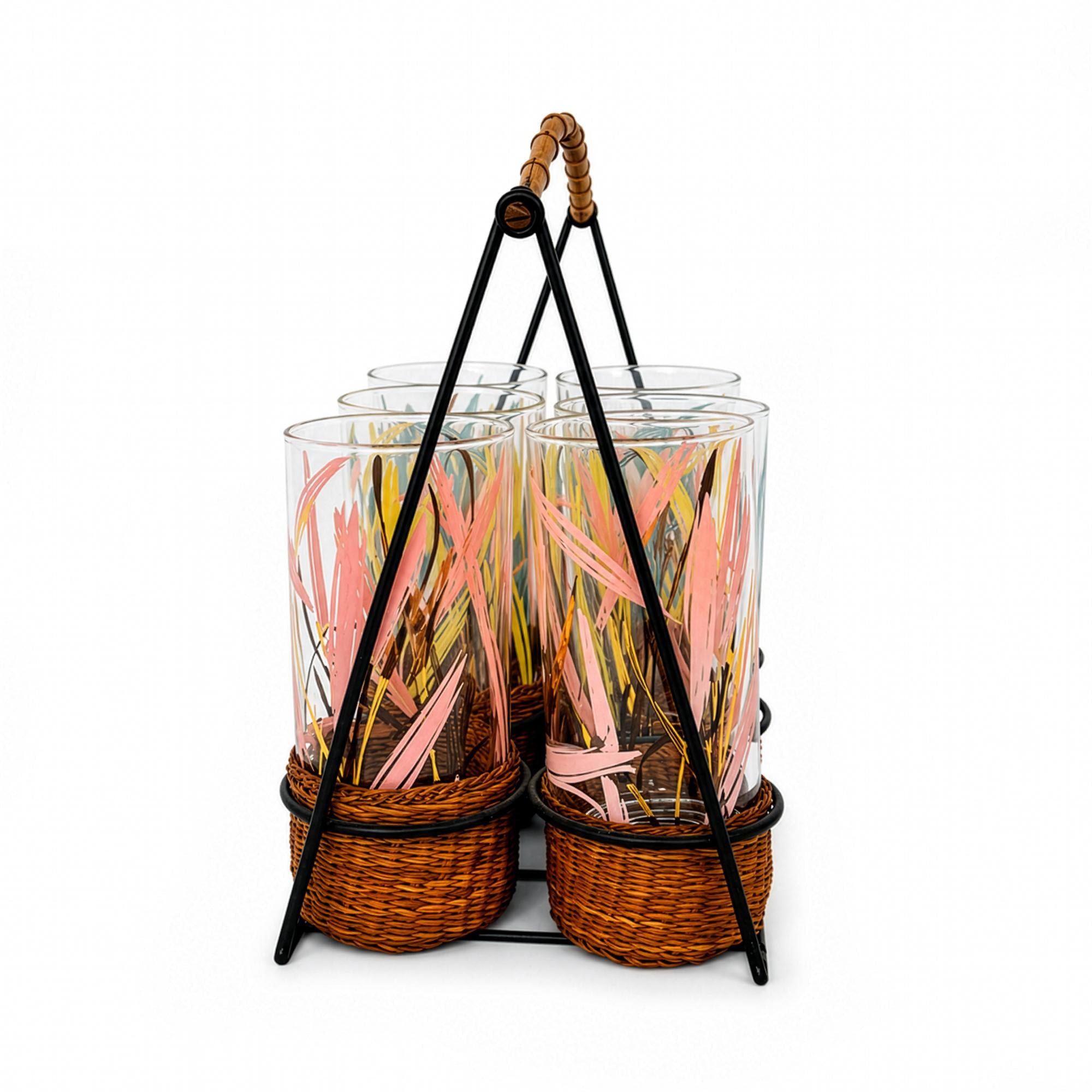 Vintage 1970s Highball Glass Set with Bamboo Caddy, Colorful Accents — image 4