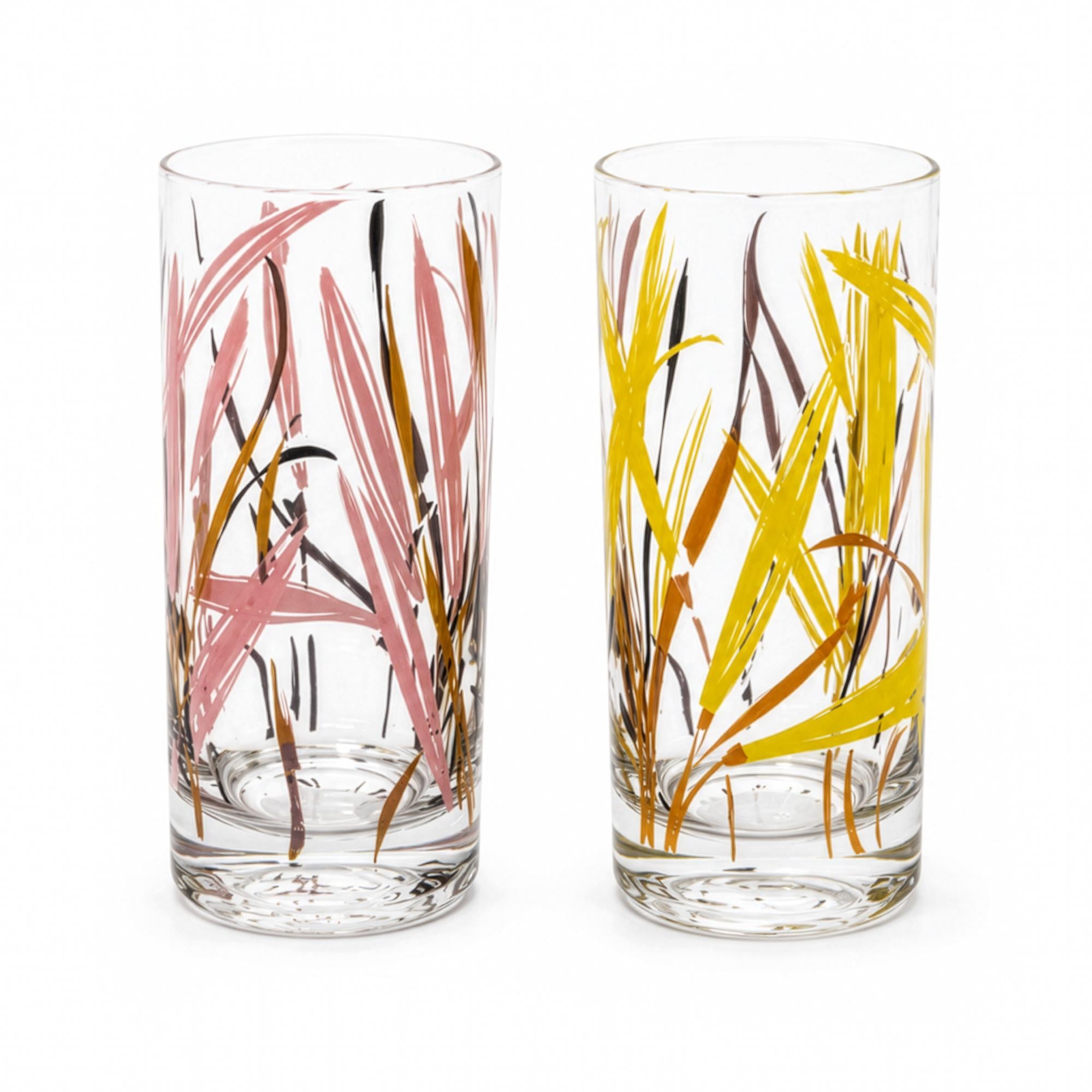 Vintage 1970s Highball Glass Set with Bamboo Caddy, Colorful Accents — image 5