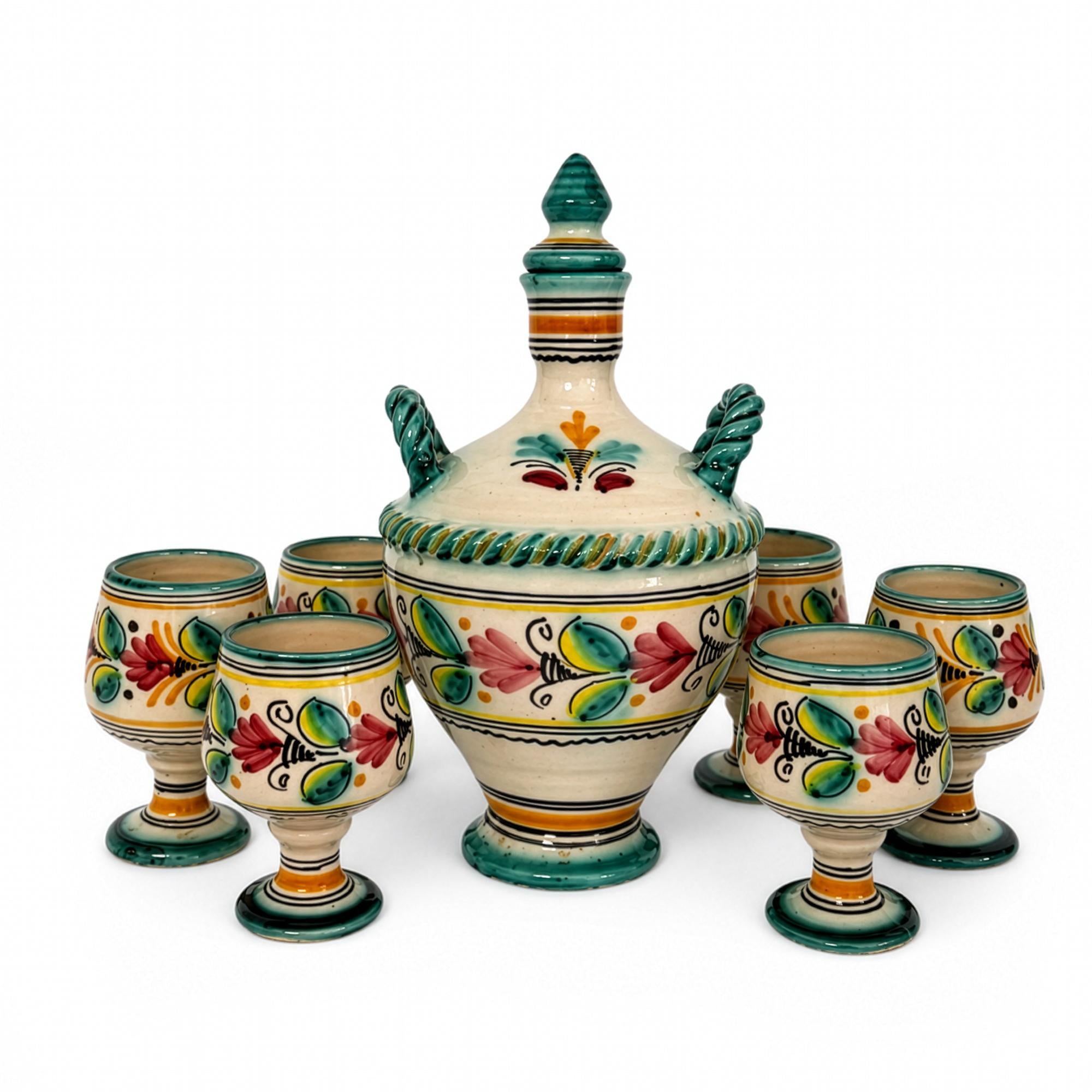 Vintage Hand-Painted Spanish Ceramic Decanter and Goblet Set, 1970 — image 2