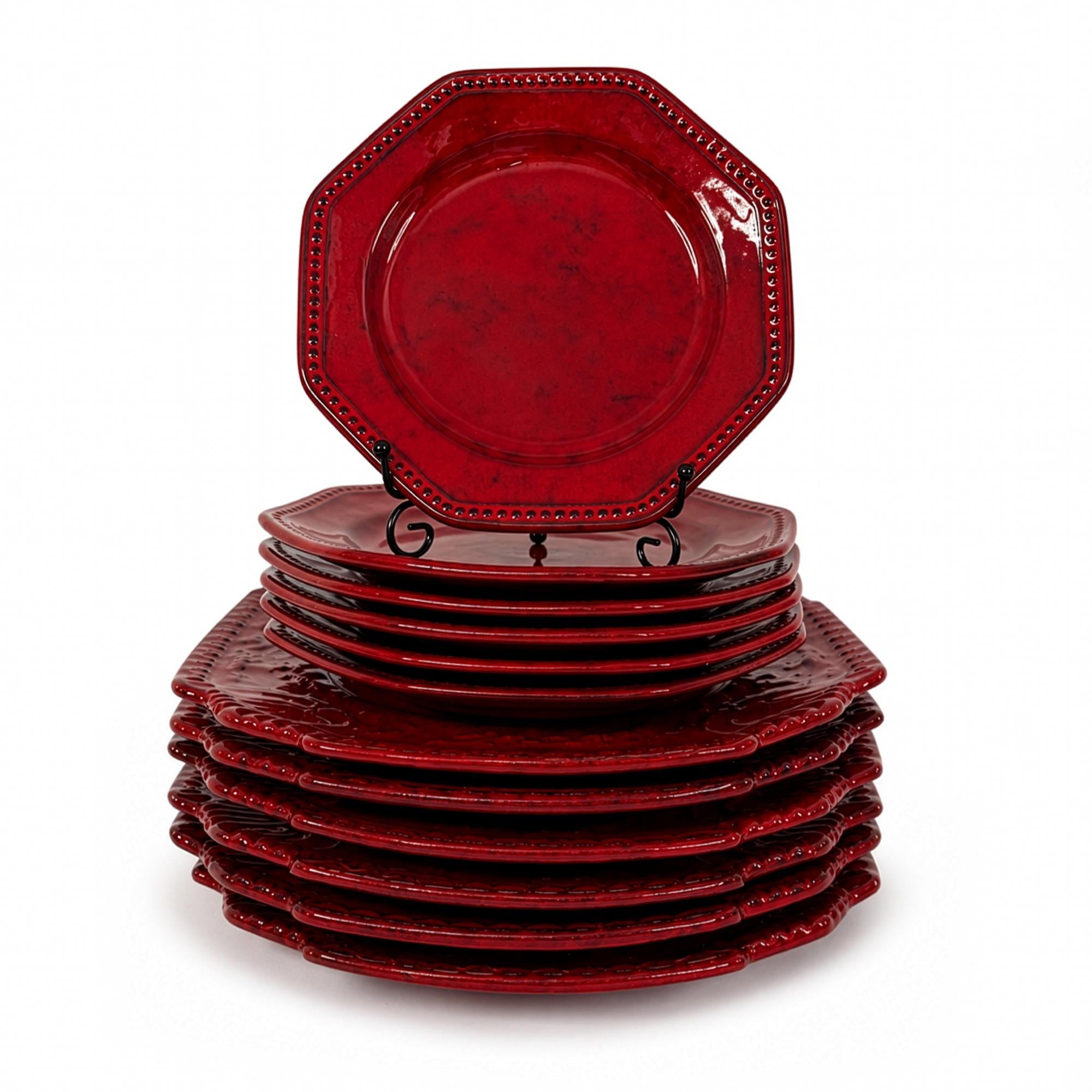 Vintage Sicilian Hand-Painted Ceramic Plate Set, Tomato-Red Glaze — image 2