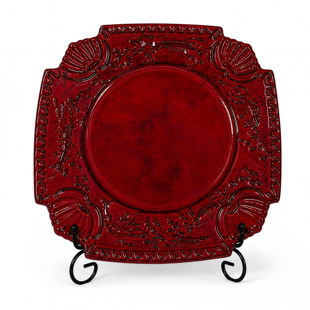 Vintage Sicilian Hand-Painted Ceramic Plate Set, Tomato-Red Glaze — image 4