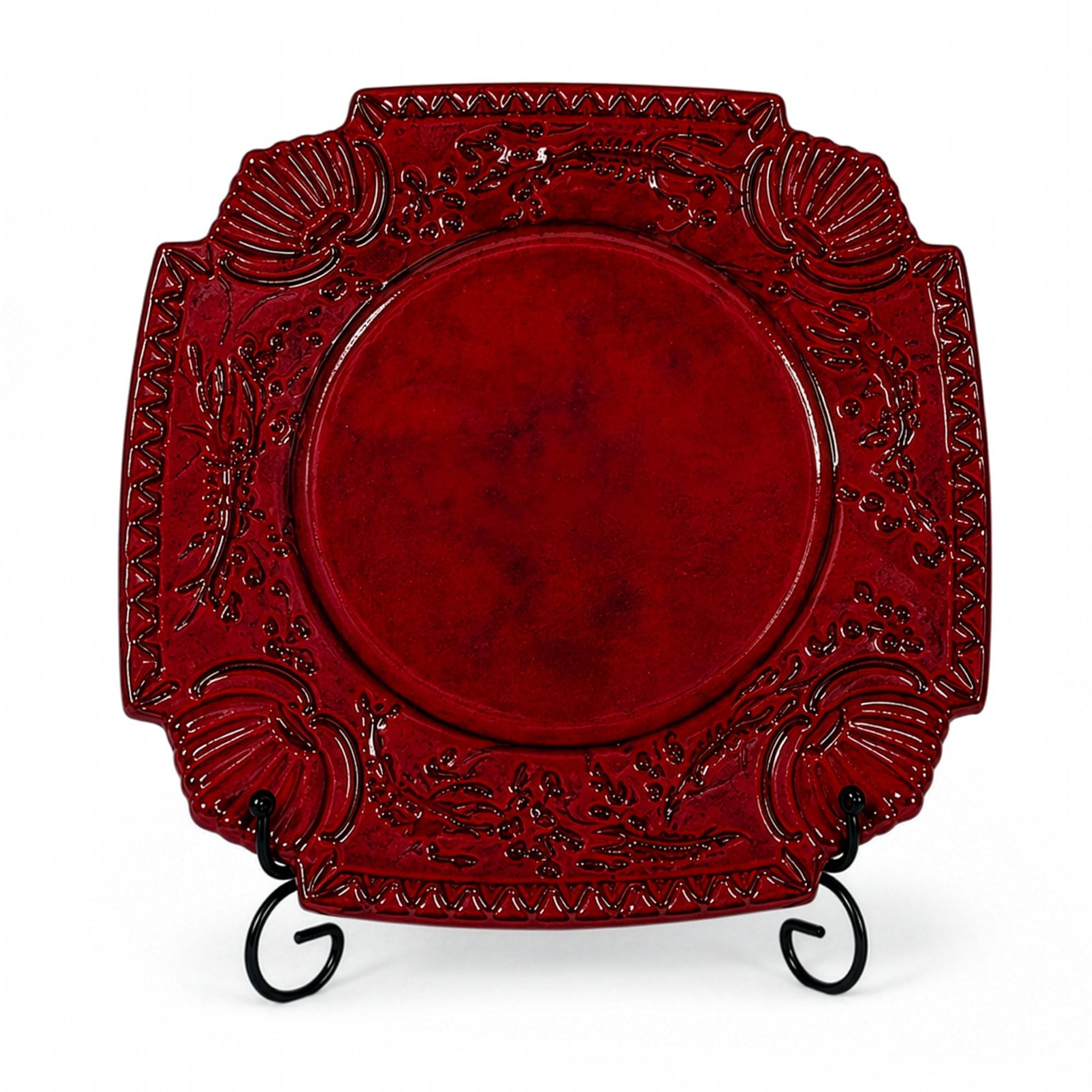 Vintage Sicilian Hand-Painted Ceramic Plate Set, Tomato-Red Glaze — image 4