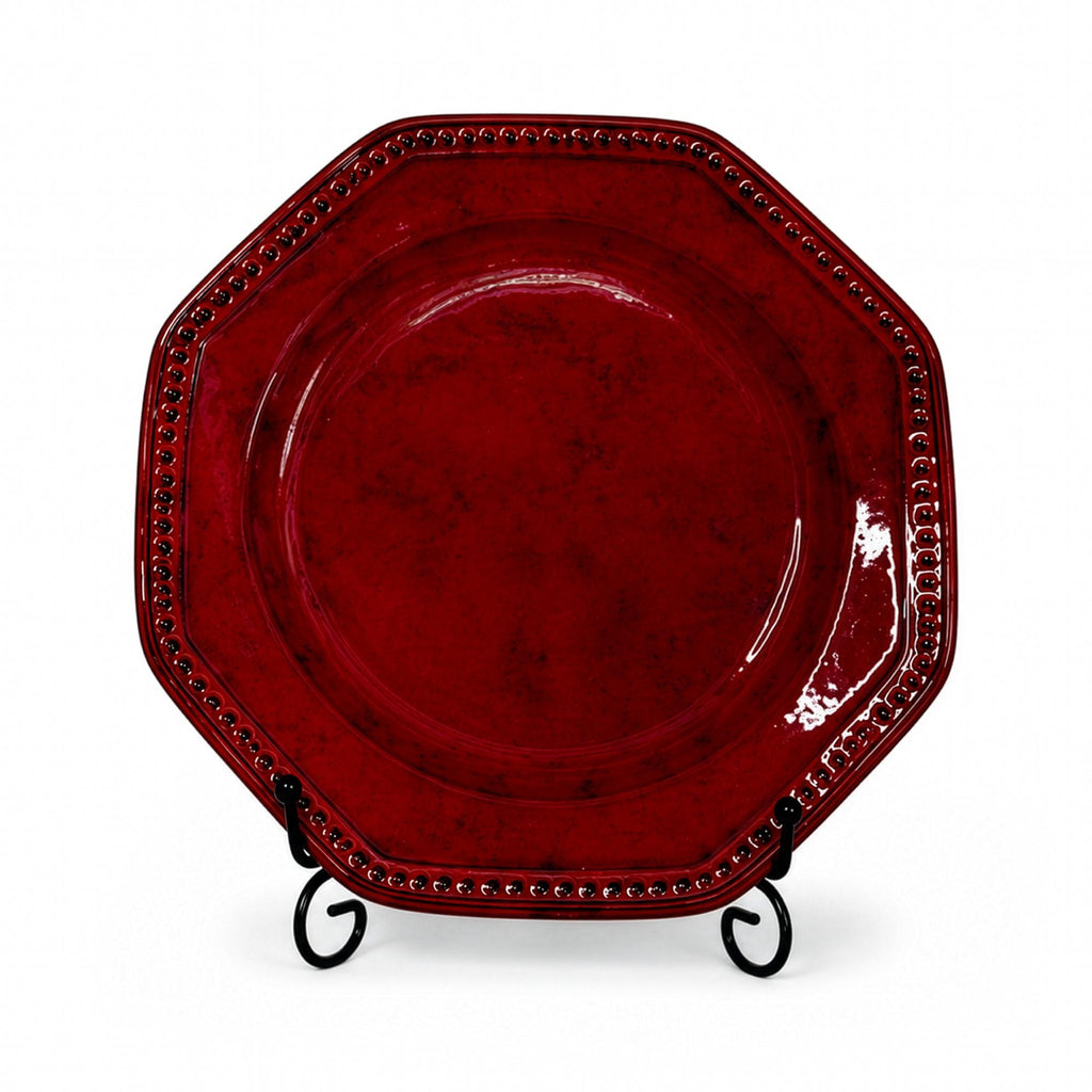 Vintage Sicilian Hand-Painted Ceramic Plate Set, Tomato-Red Glaze — image 5