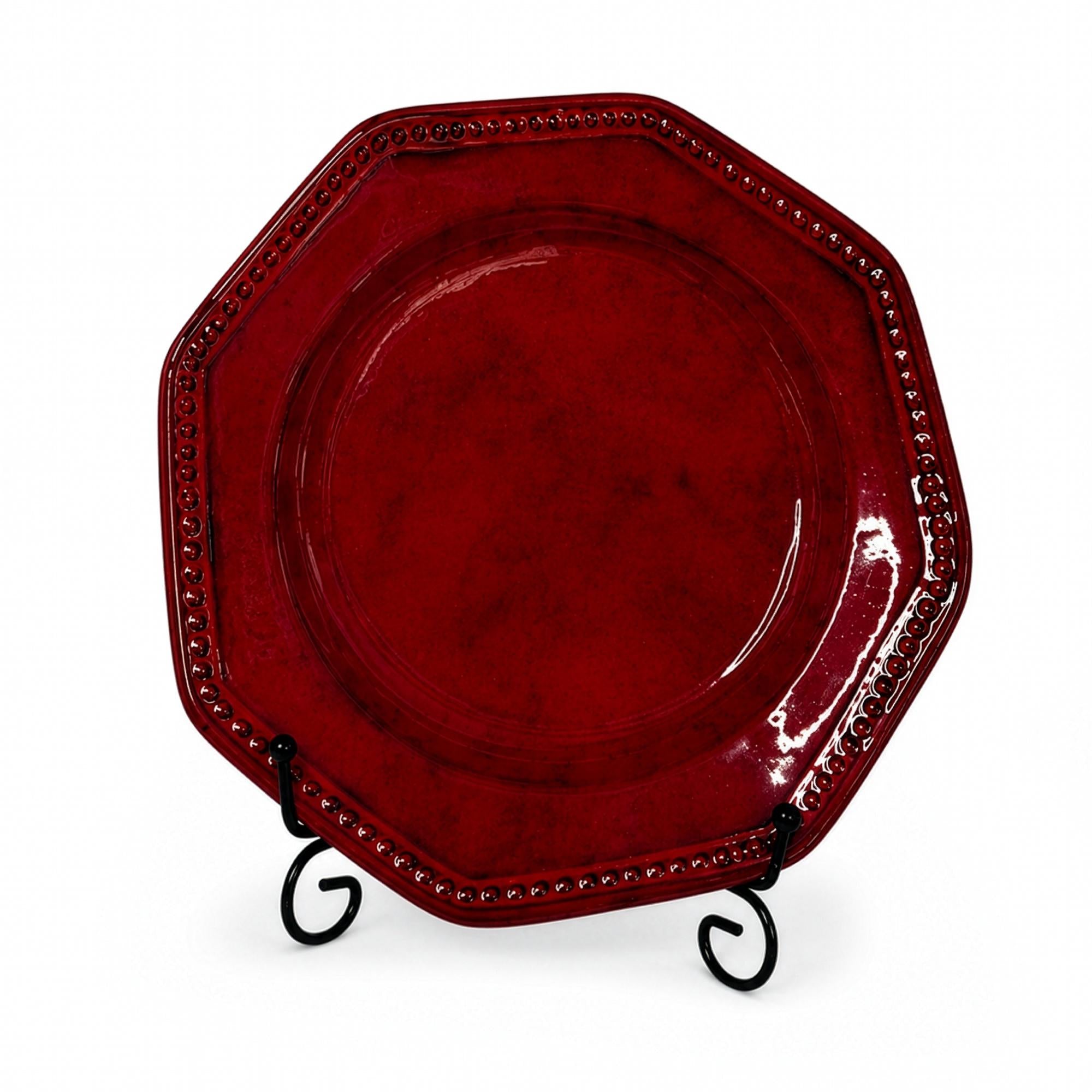 Vintage Sicilian Hand-Painted Ceramic Plate Set, Tomato-Red Glaze — image 7