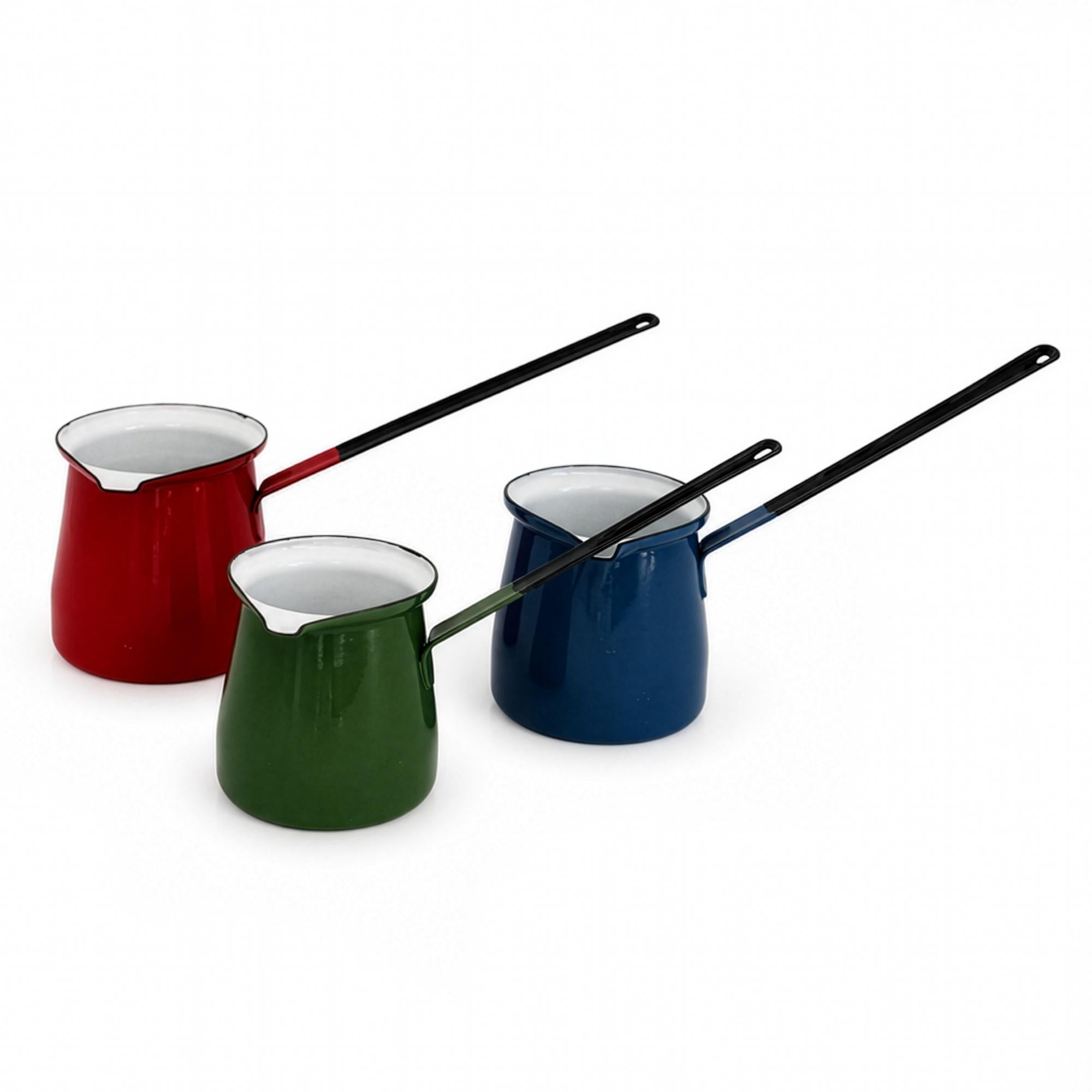 Set of Three Vintage Enameled Butter Warmers, Colorful Steel, 1970 — image 2