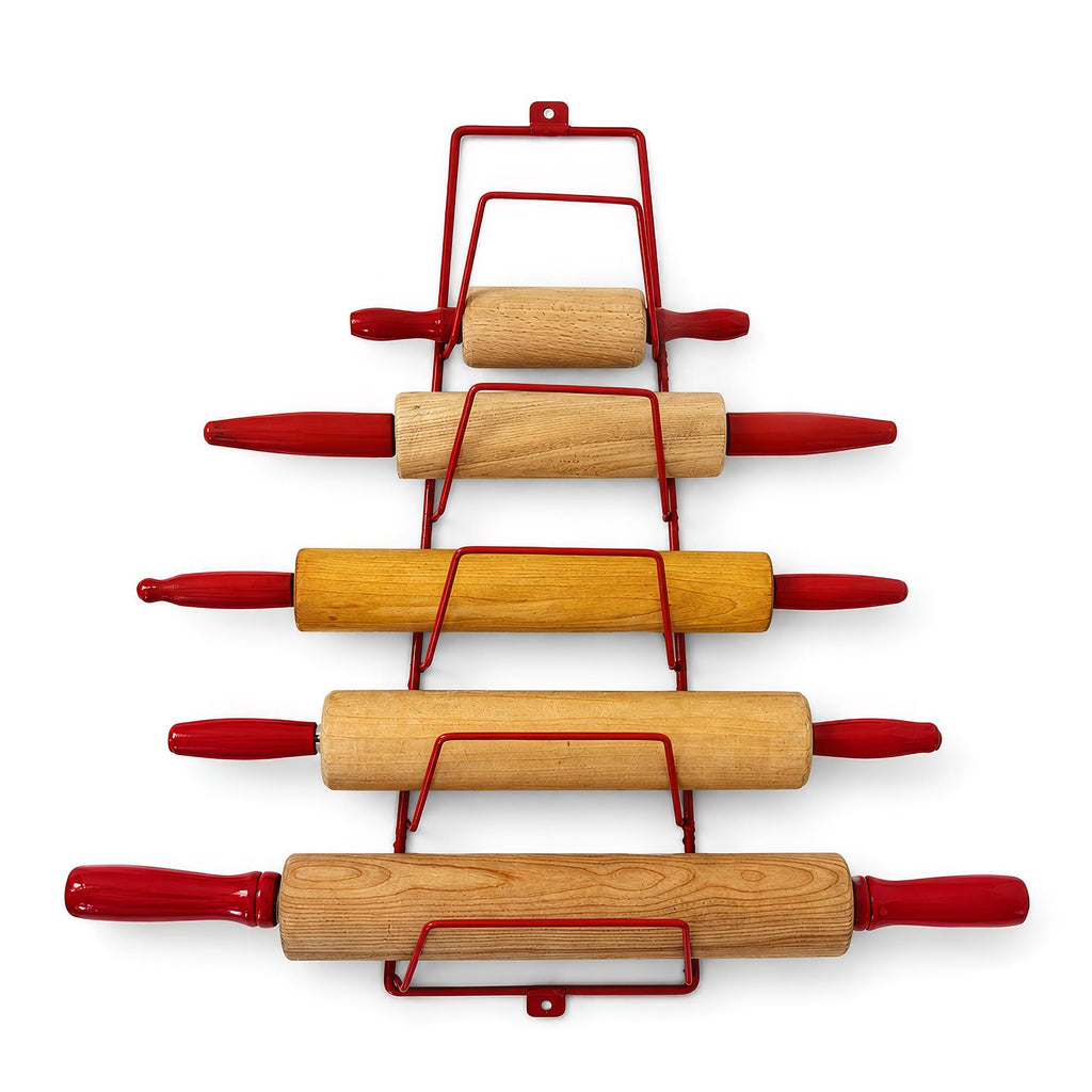 Vintage Wooden Rolling Pins Set with Red Handles and Wall Rack — image 2