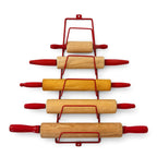 Vintage Wooden Rolling Pins Set with Red Handles and Wall Rack — image 2