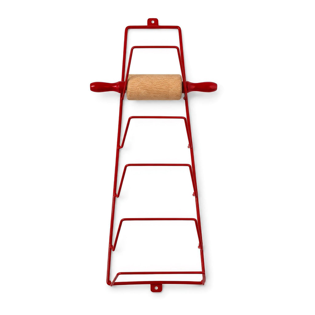 Vintage Wooden Rolling Pins Set with Red Handles and Wall Rack — image 4