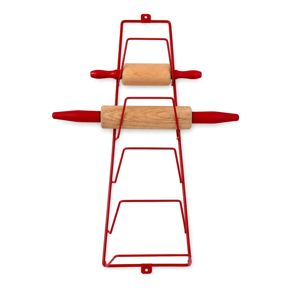 Vintage Wooden Rolling Pins Set with Red Handles and Wall Rack — image 5