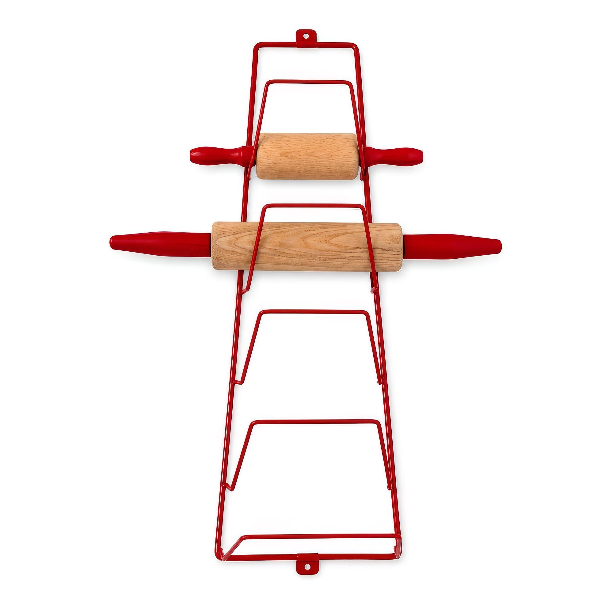 Vintage Wooden Rolling Pins Set with Red Handles and Wall Rack — image 5