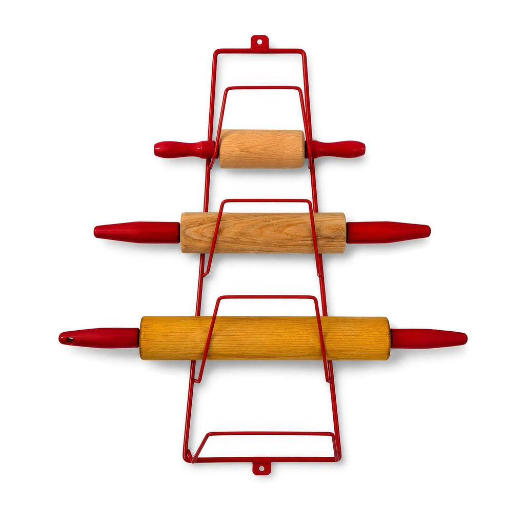Vintage Wooden Rolling Pins Set with Red Handles and Wall Rack — image 6