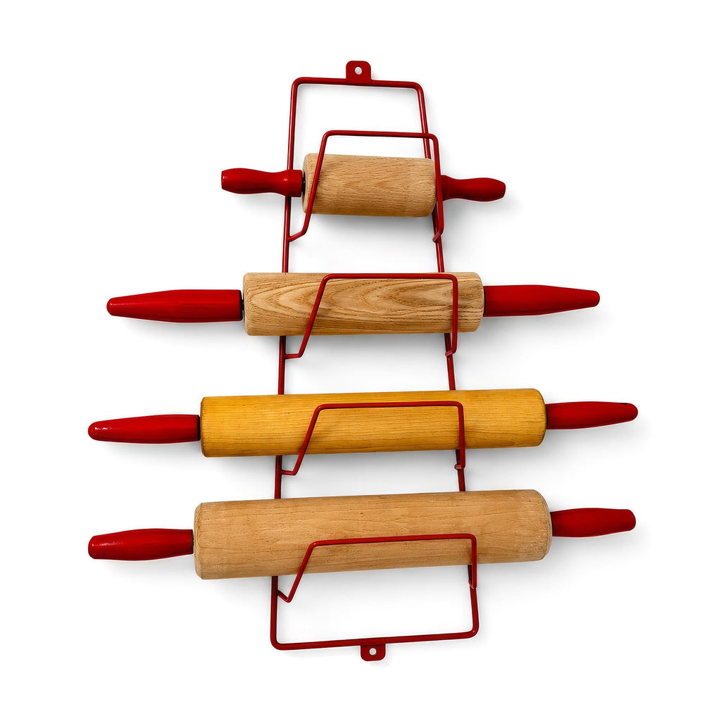 Vintage Wooden Rolling Pins Set with Red Handles and Wall Rack — image 7