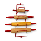Vintage Wooden Rolling Pins Set with Red Handles and Wall Rack — image 7