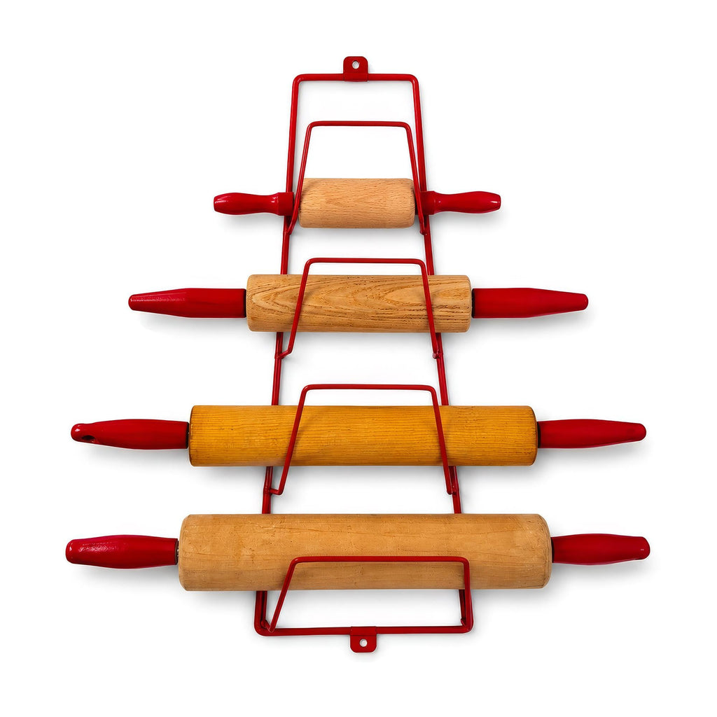 Vintage Wooden Rolling Pins Set with Red Handles and Wall Rack — image 8