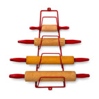 Vintage Wooden Rolling Pins Set with Red Handles and Wall Rack — image 8