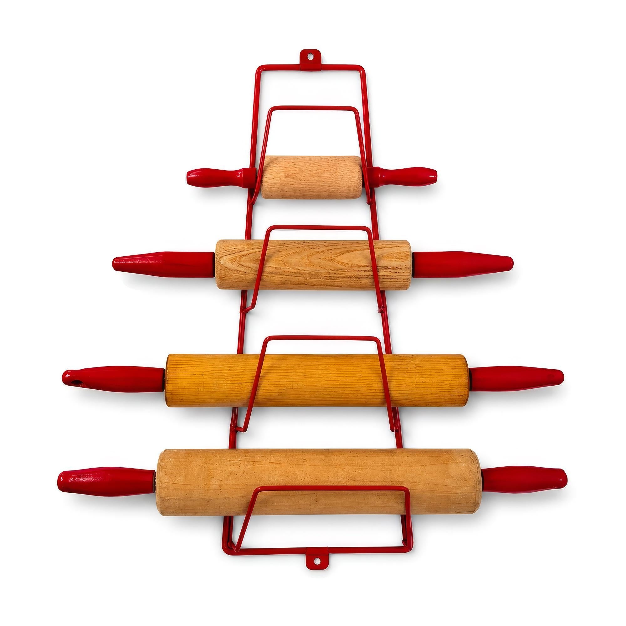 Vintage Wooden Rolling Pins Set with Red Handles and Wall Rack — image 8