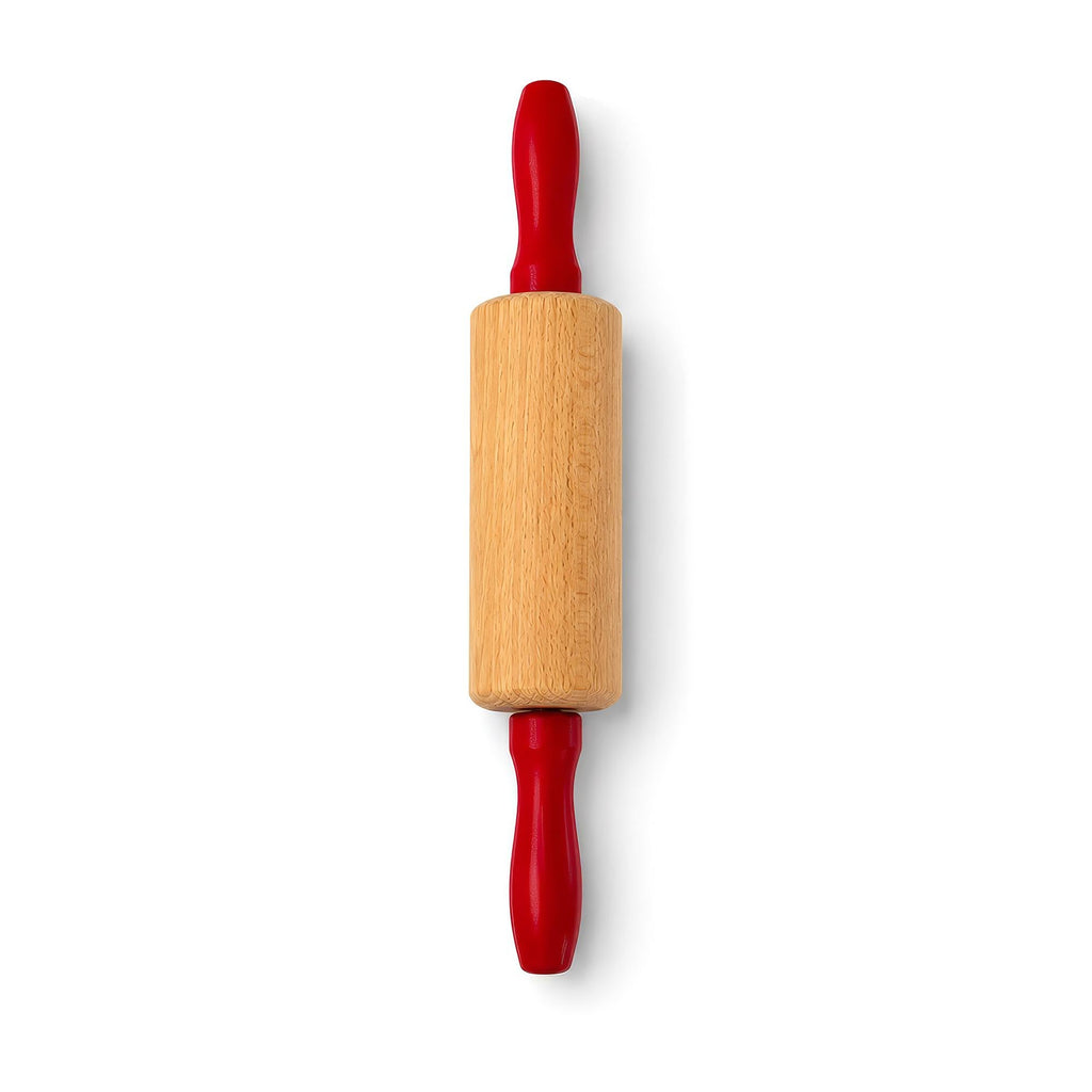 Vintage Wooden Rolling Pins Set with Red Handles and Wall Rack — image 9