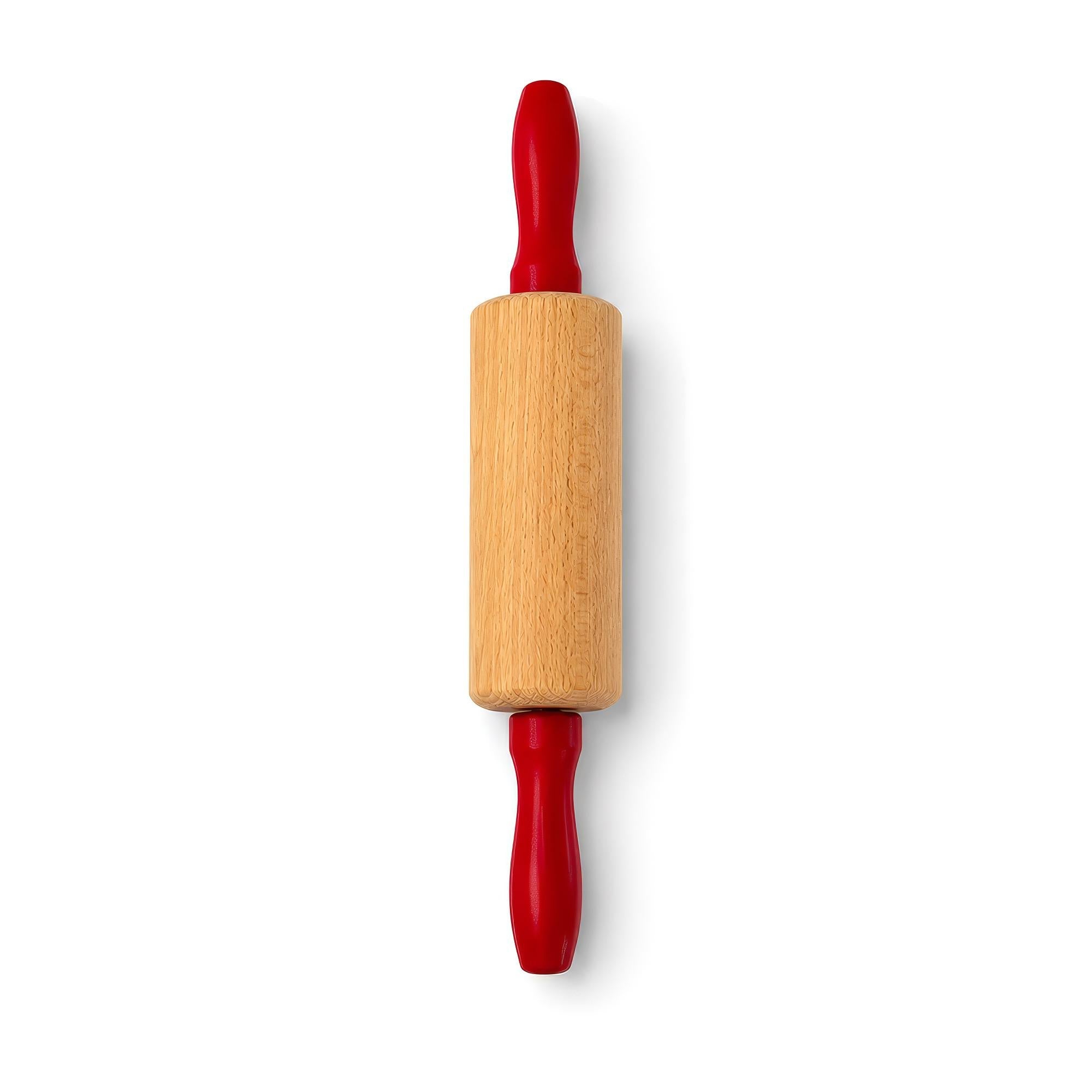 Vintage Wooden Rolling Pins Set with Red Handles and Wall Rack — image 9