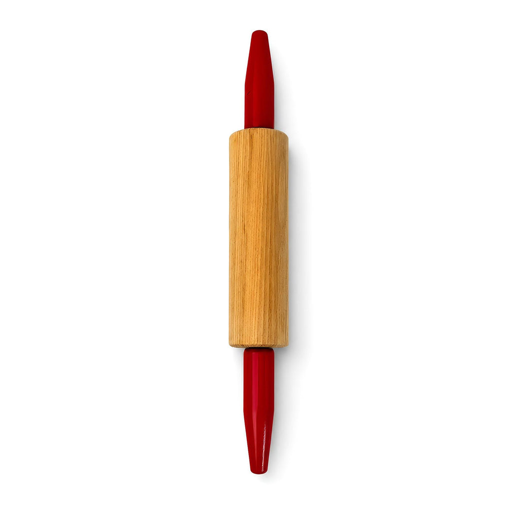 Vintage Wooden Rolling Pins Set with Red Handles and Wall Rack — image 10