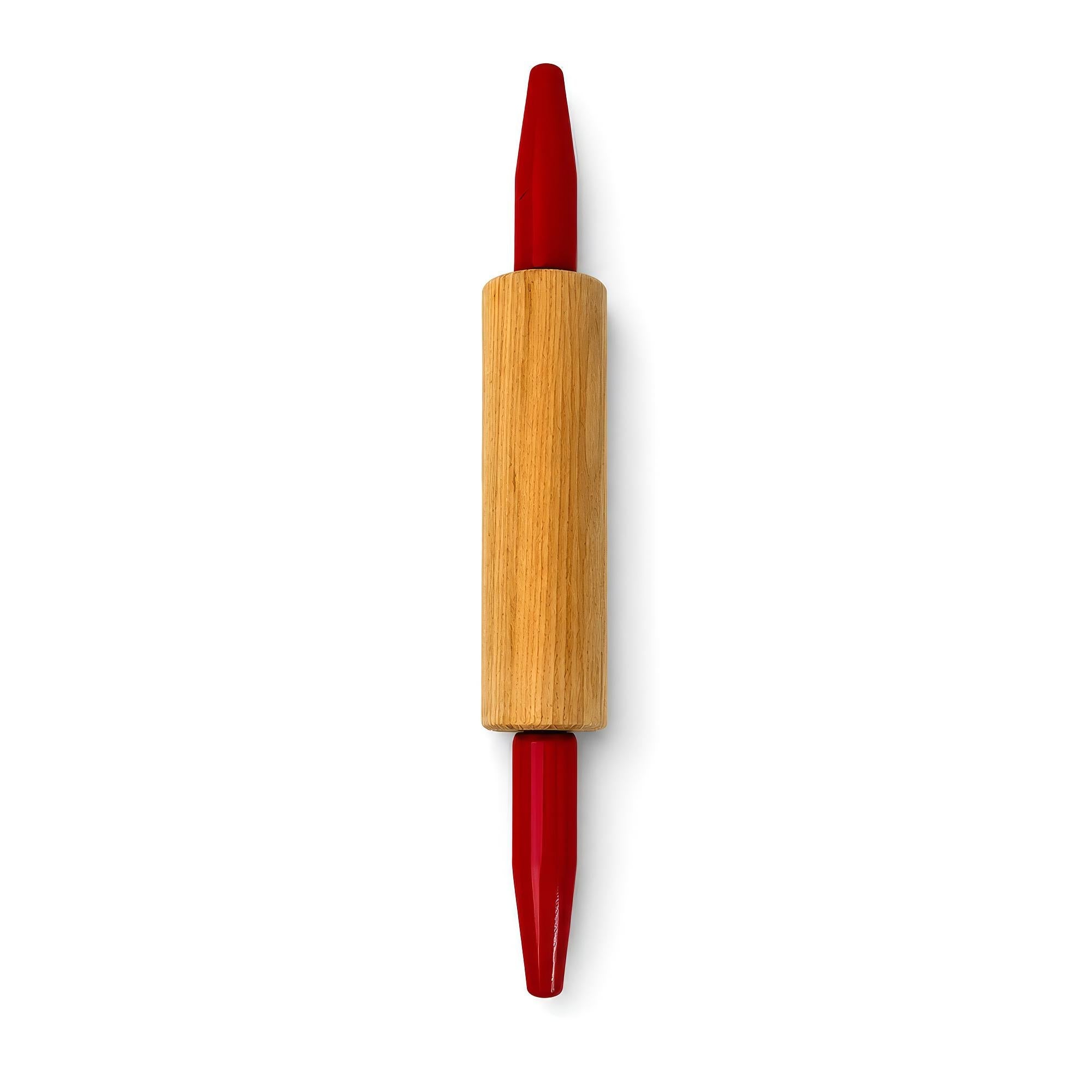 Vintage Wooden Rolling Pins Set with Red Handles and Wall Rack — image 10
