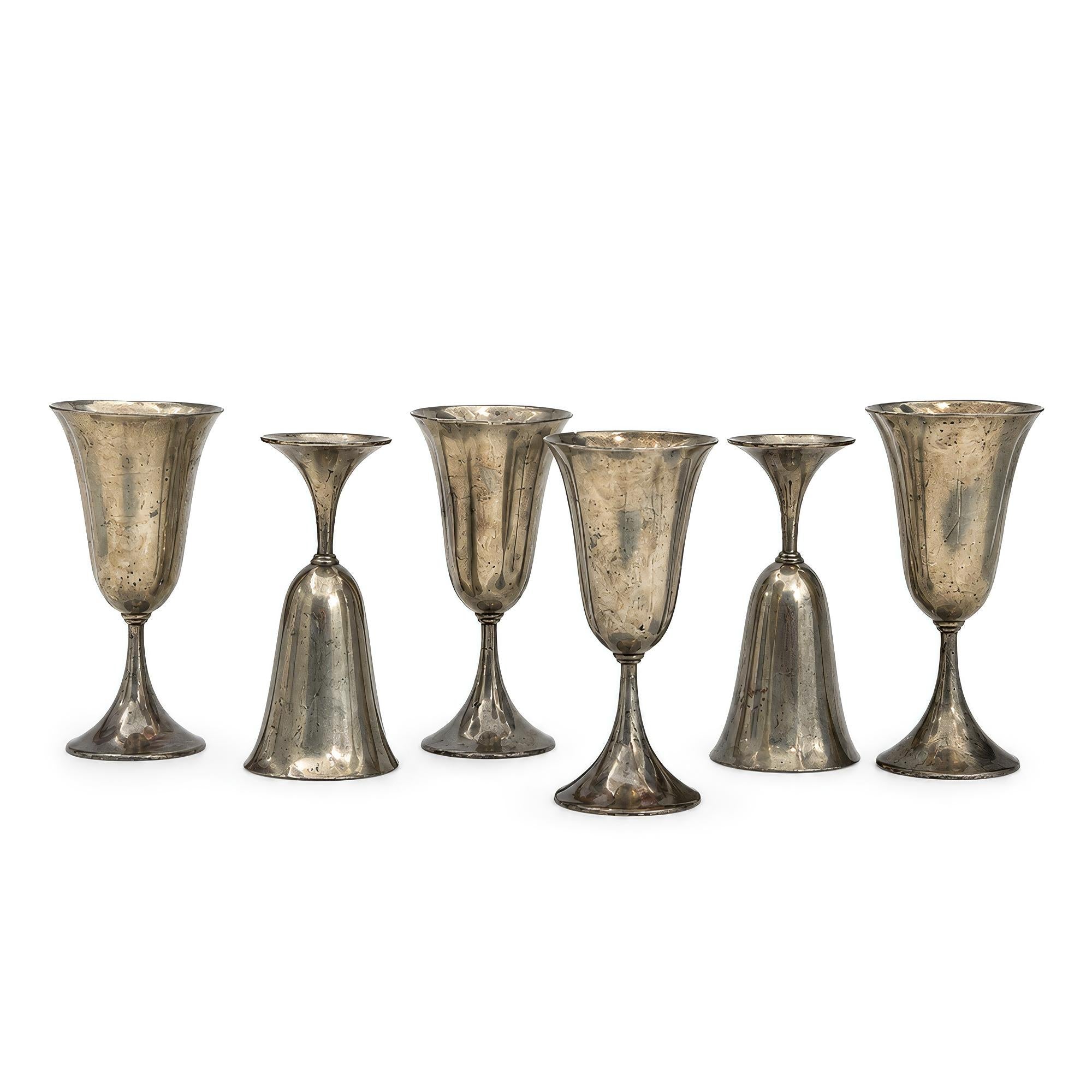 Vintage Set of Six Sculptural Pewter Goblets with Flared Rims — image 2