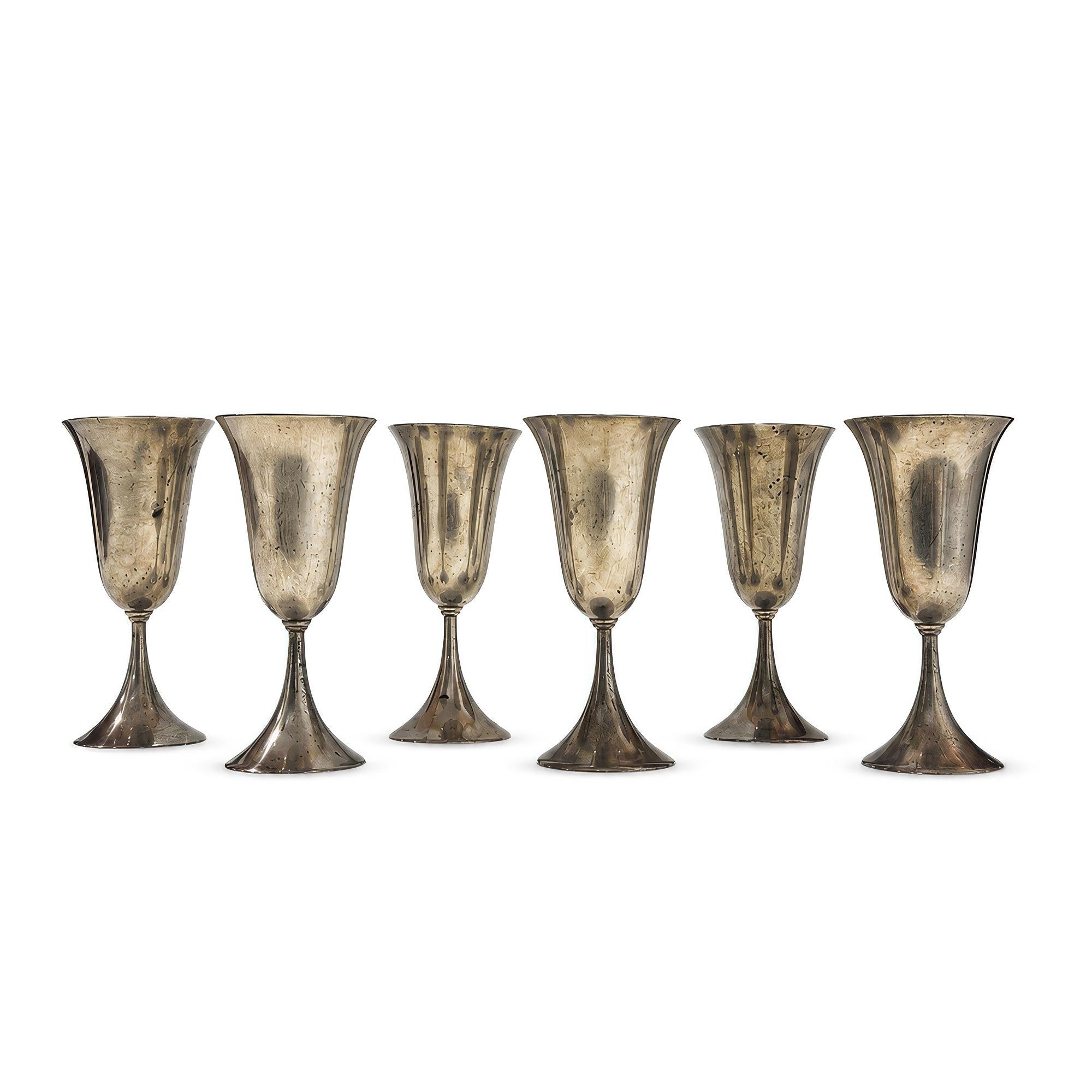 Vintage Set of Six Sculptural Pewter Goblets with Flared Rims — image 3