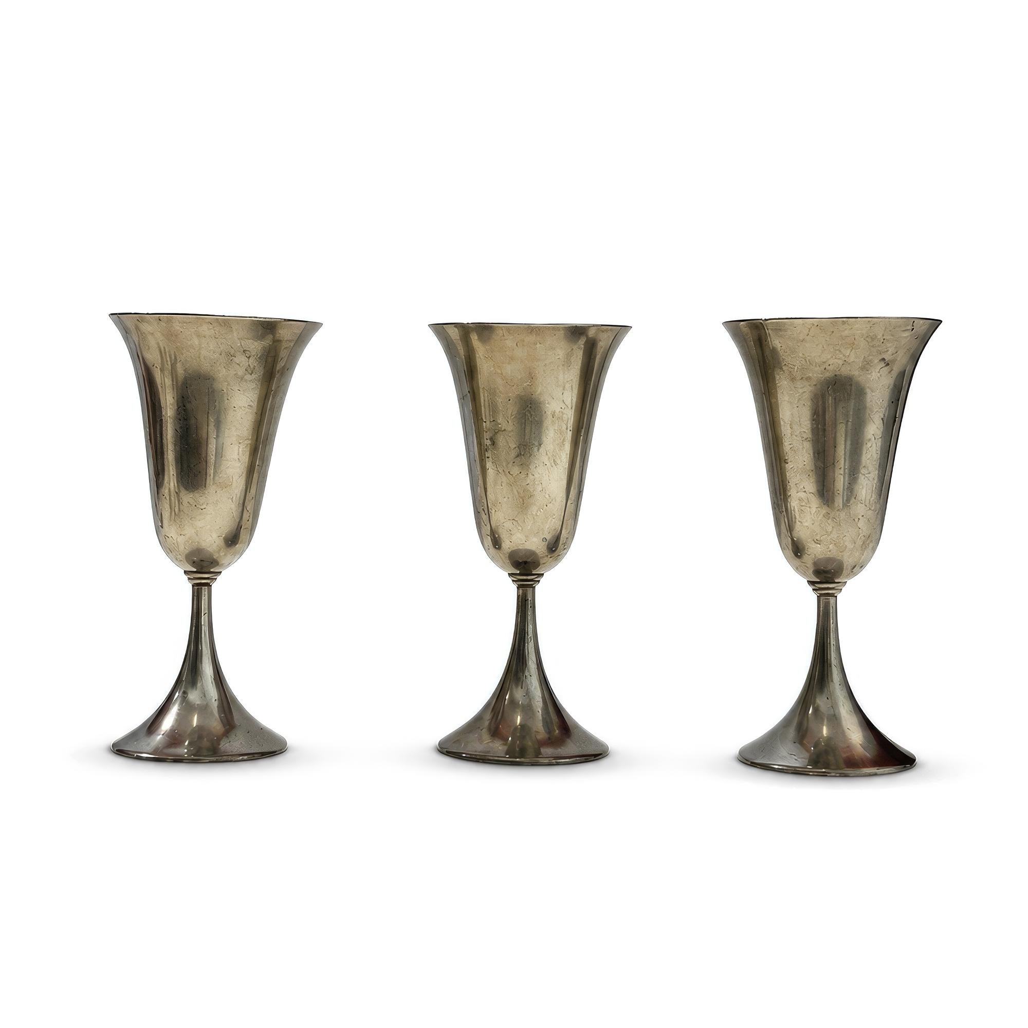 Vintage Set of Six Sculptural Pewter Goblets with Flared Rims — image 5