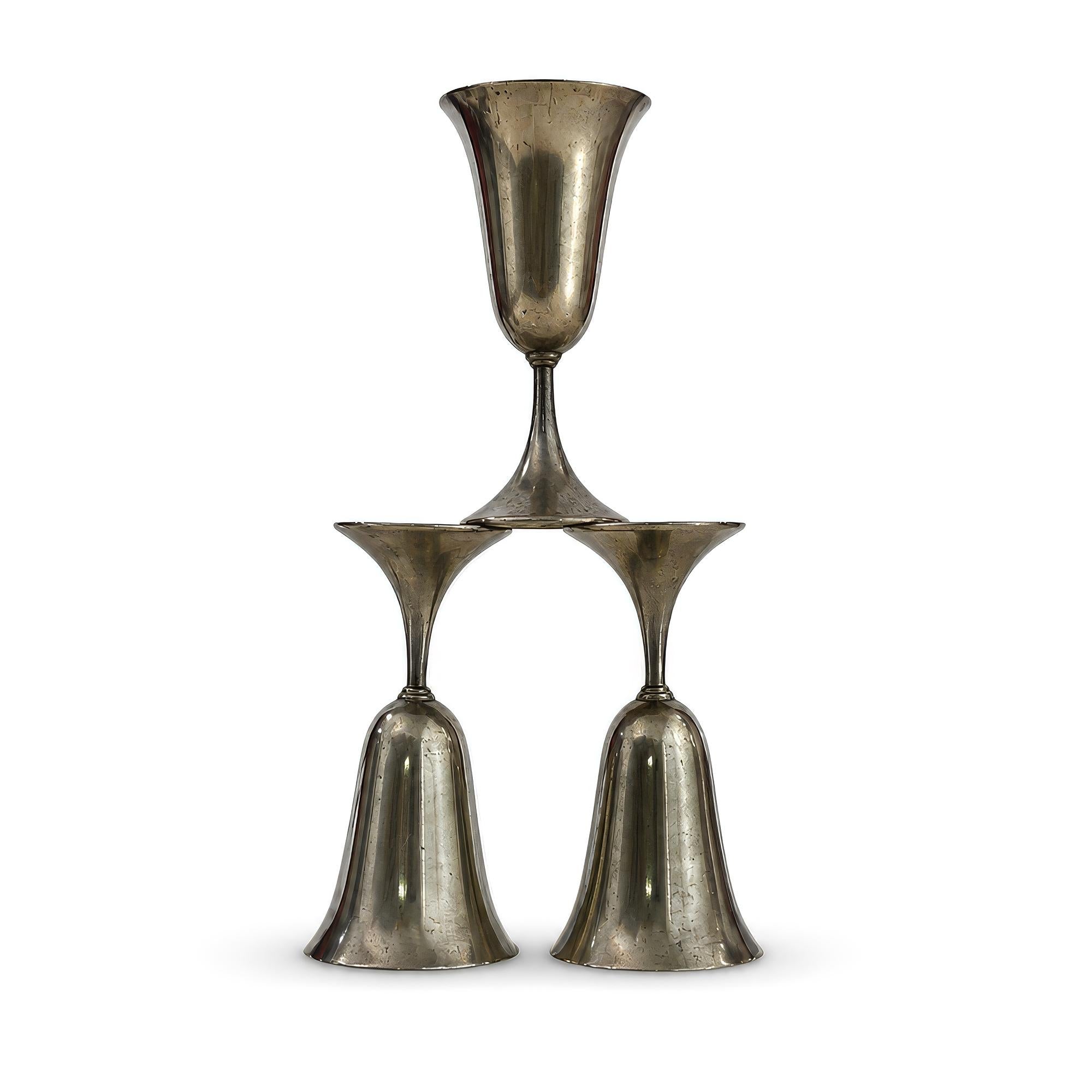 Vintage Set of Six Sculptural Pewter Goblets with Flared Rims — image 11