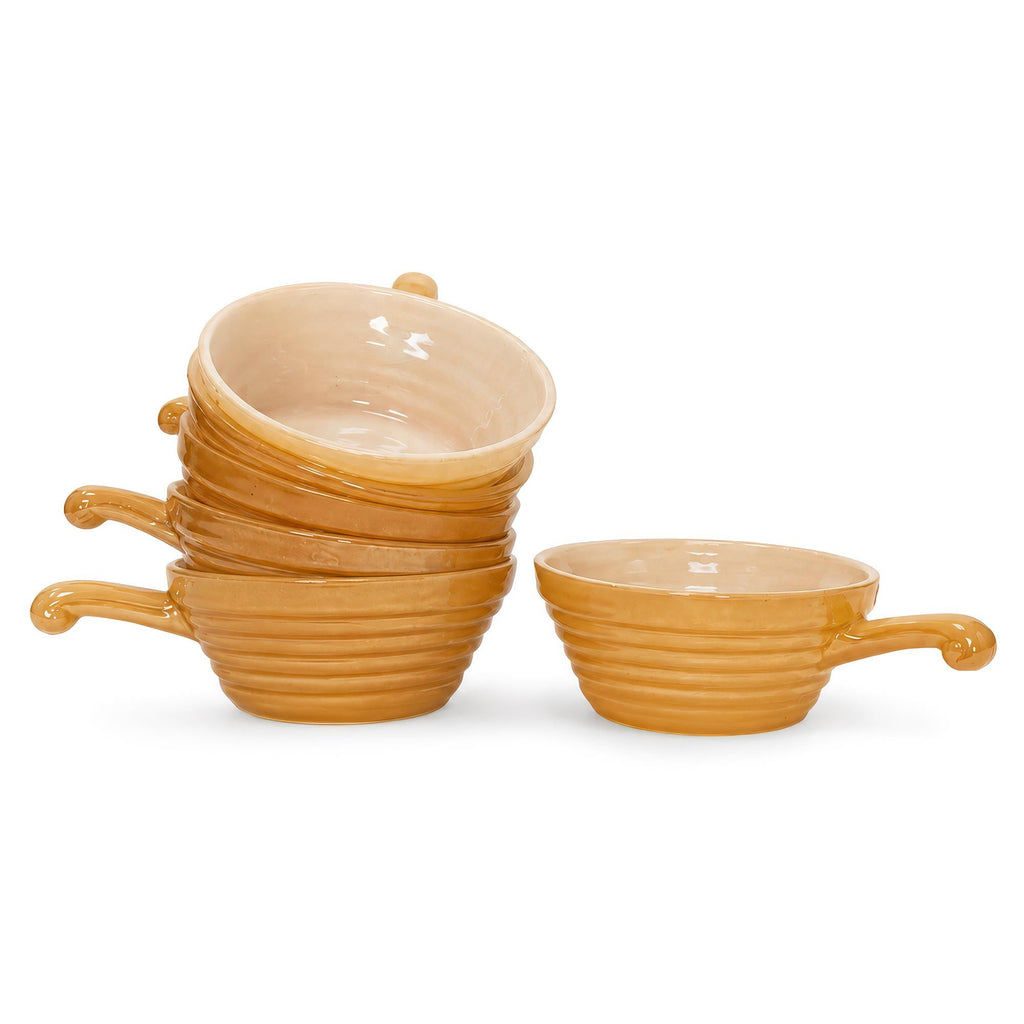 Set of Six Fire King Peach Lustre Handled Soup Bowls, Mid-Century — image 2
