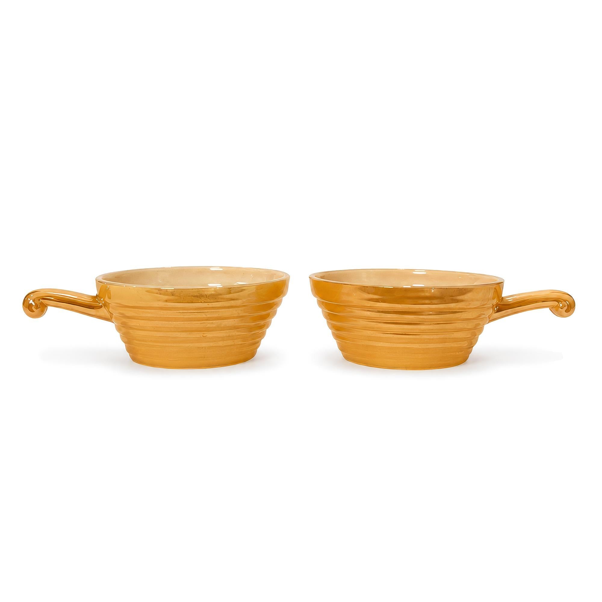Set of Six Fire King Peach Lustre Handled Soup Bowls, Mid-Century — image 8